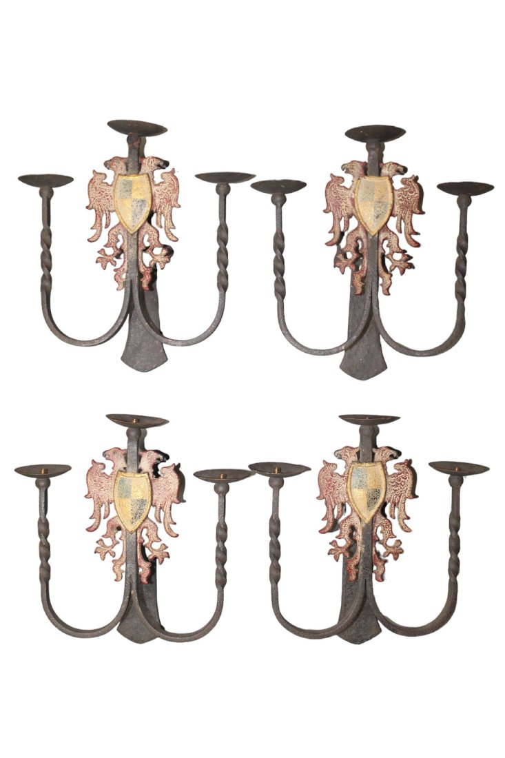 Set of 4 French wrought iron candle sconces with crests (1 of 10)