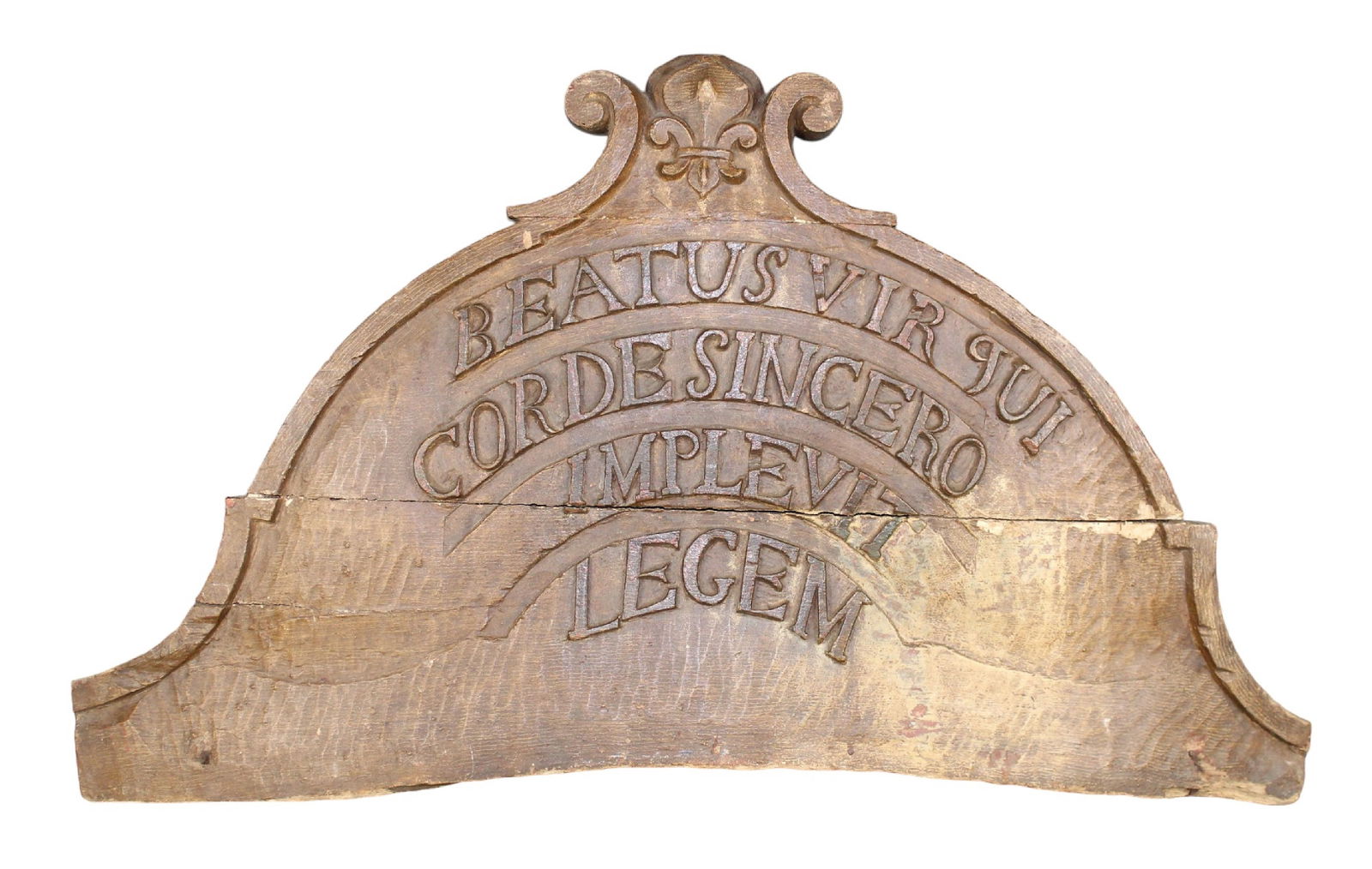French carved oak architectural fragment crest with Latin phrase "Beatus Vir Qui Cordesincero (1 of 8)