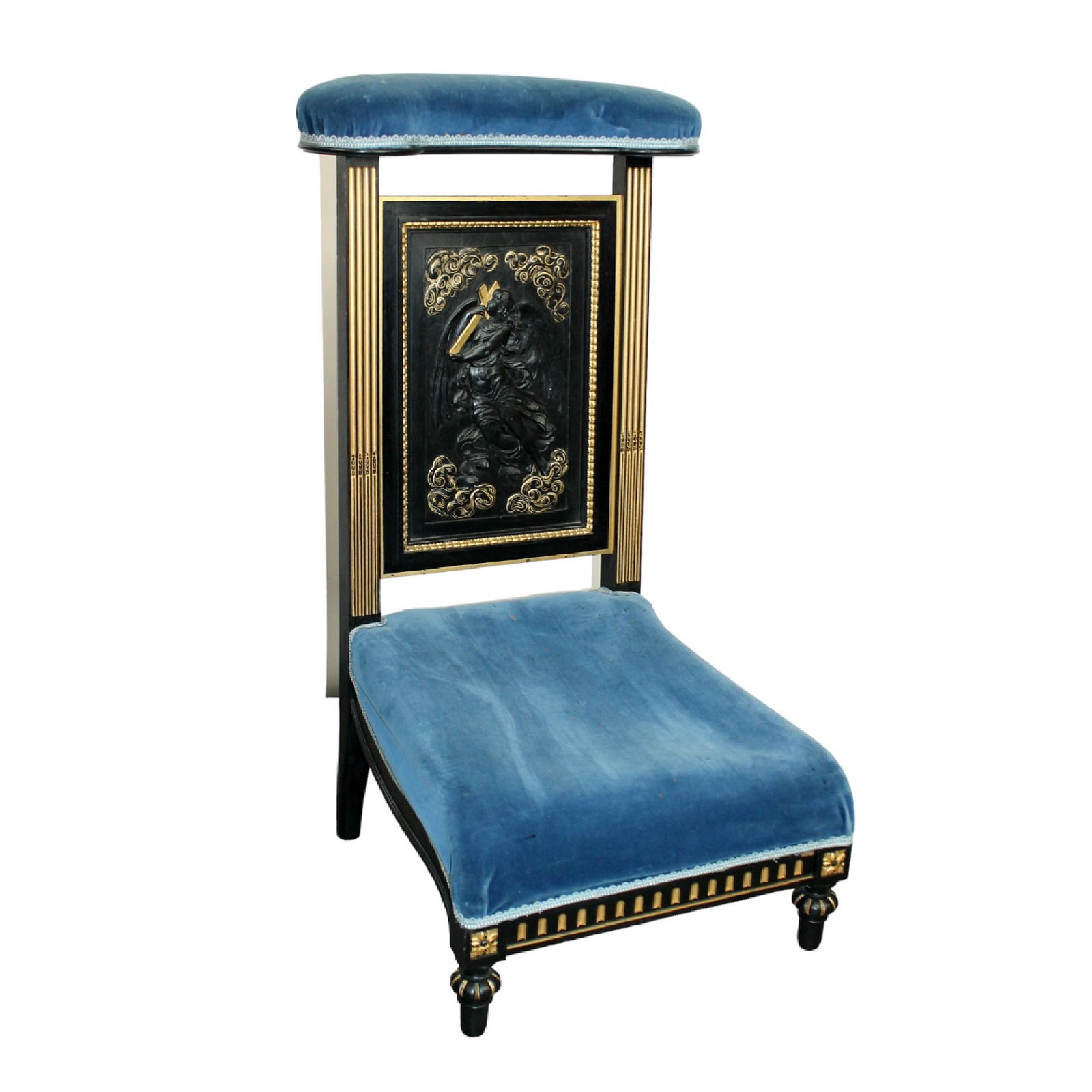 French Napoleon III prie dieu prayer chair with carved angel: French Napoleon III prie dieu prayer chair with relief carved angel in eboinzed finish with gold painted accents. Late 19th century. 35"h x 18"w x 18 1/2"d, seat height 8"-11"h