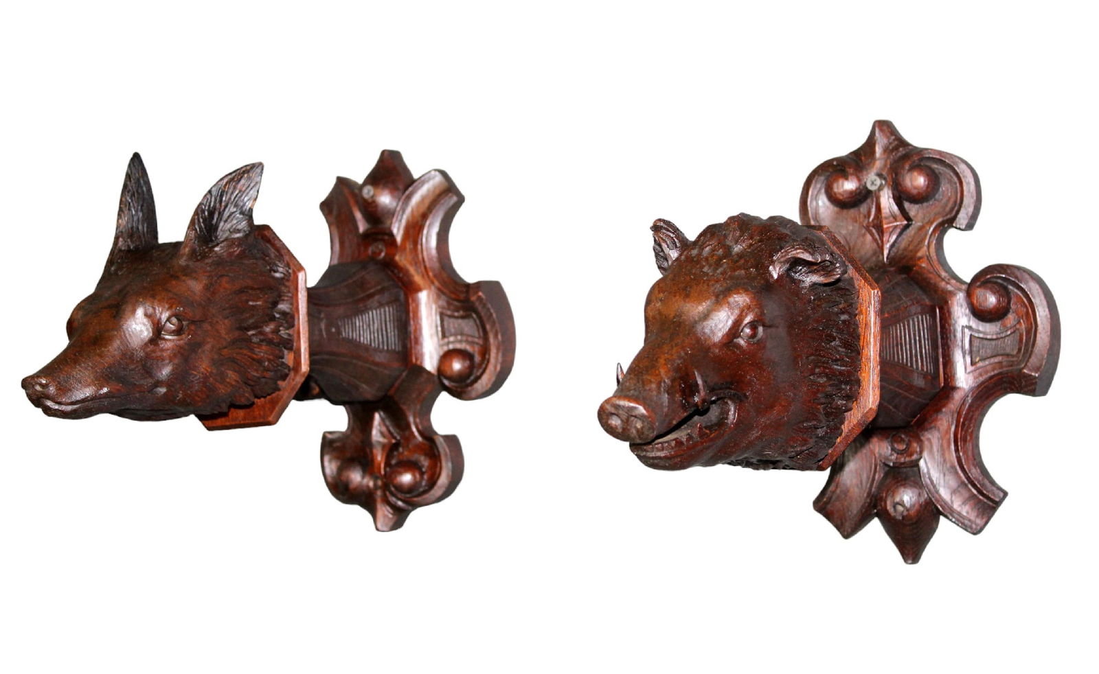 Set of 2 French carved oak boar and wolf head wall hooks (1 of 17)