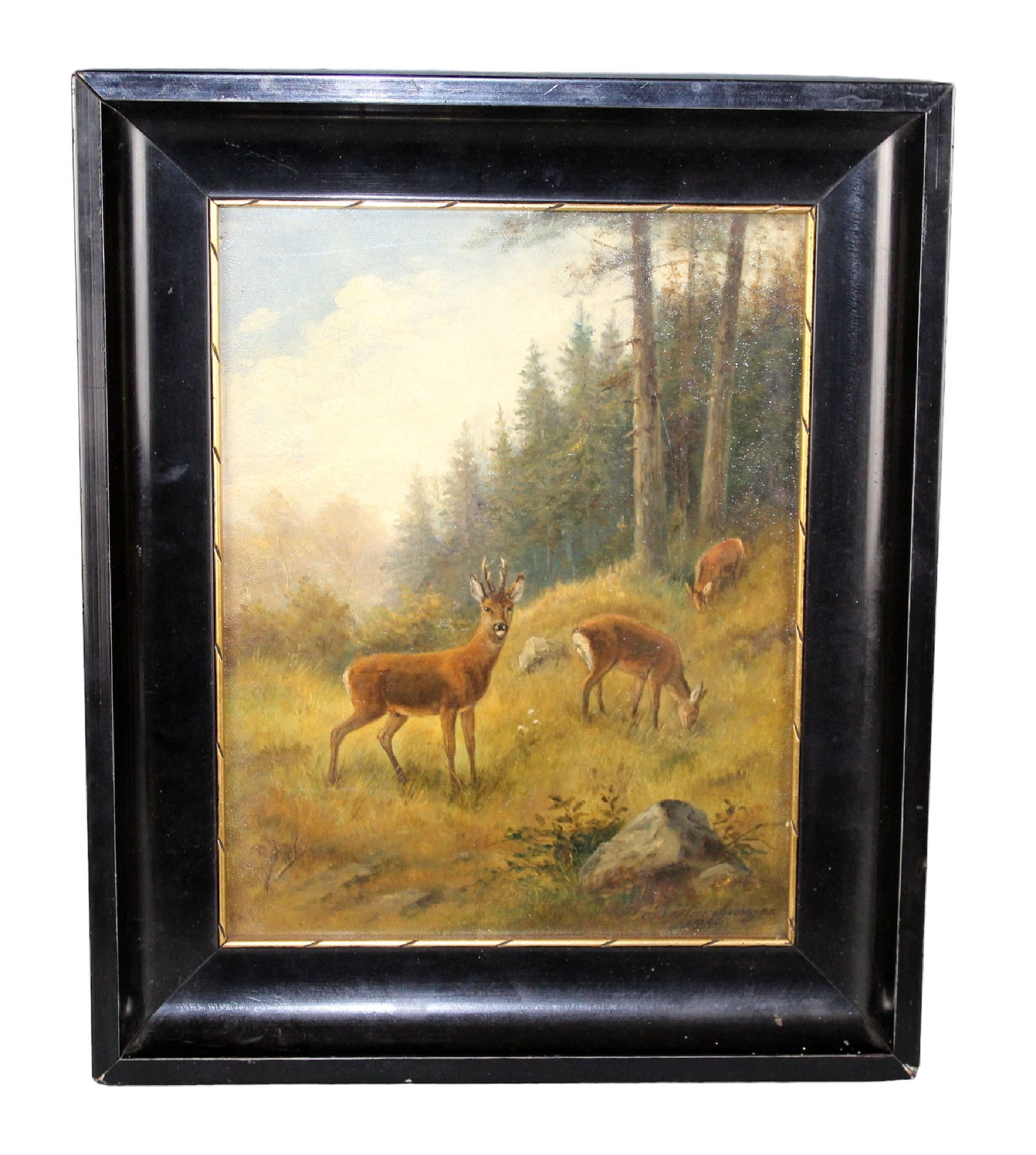 Petite French oil on board painting landscape with deer (1 of 9)
