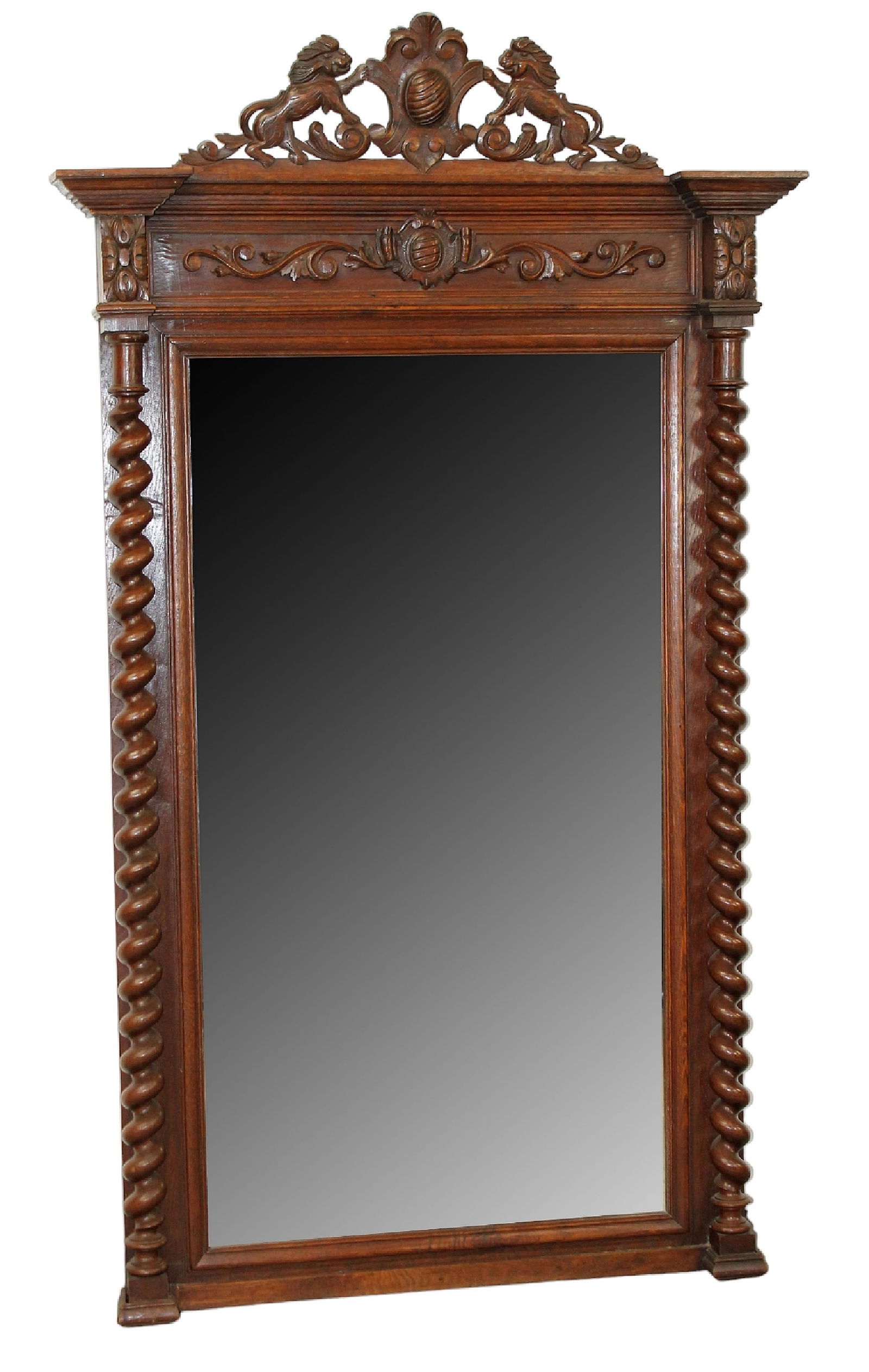 French carved oak mirror with barley twist columns and lions flanking cabochon crest (1 of 9)