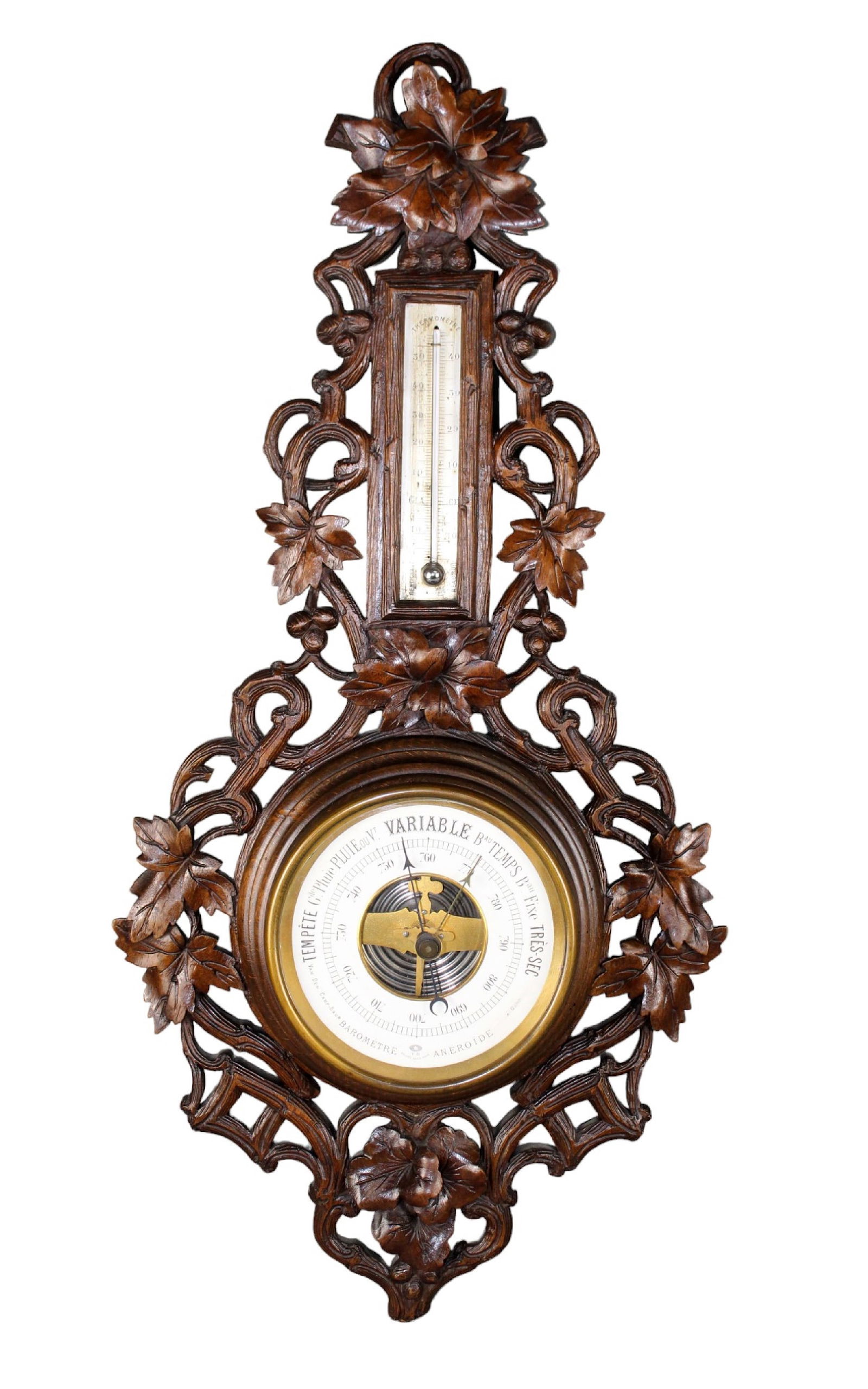 French Black Forest carved barometer/thermometer with oak leaf & acorn (1 of 9)