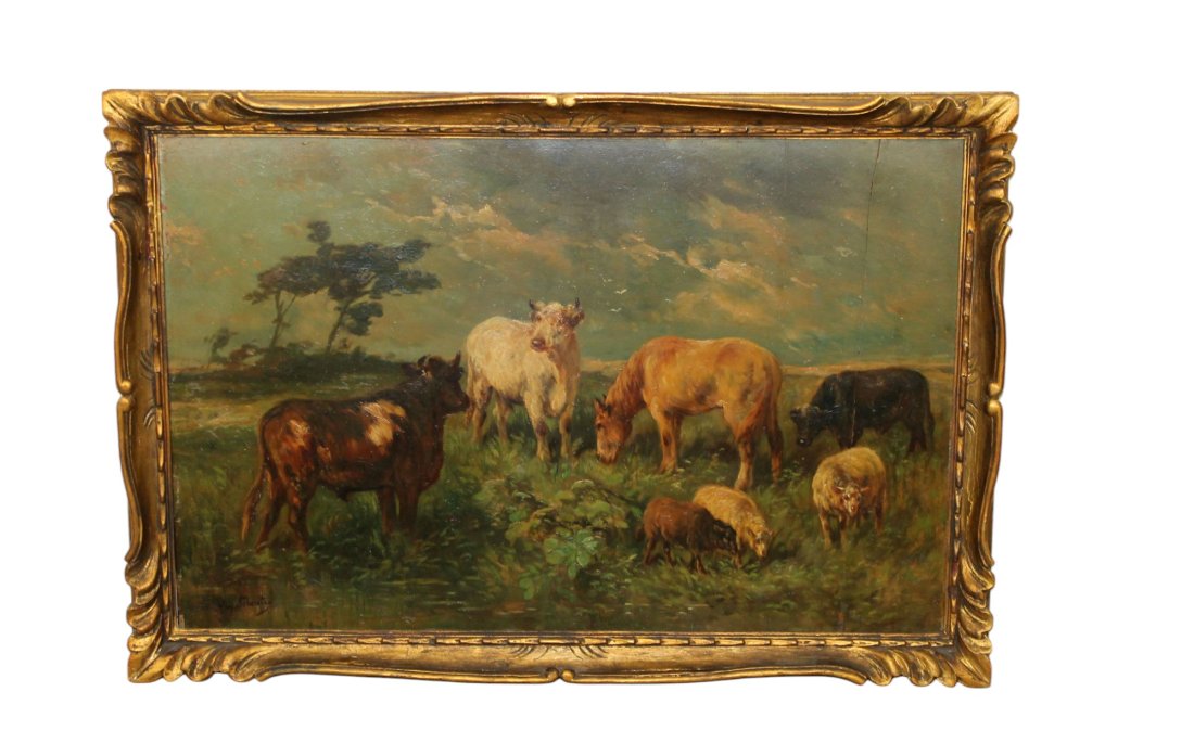 Henry Schouten (Belgian, 1857-1927) oil on board painting of landscape with animals: Henry Schouten (Belgian, 1857-1927) oil on board painting of landscape with animals in gilt frame. Signed l/l. Overall: 29 3/8"h x 42 3/4"w Sight size: 24 3/4"h x 38 1/4"w Weight: 15lbs