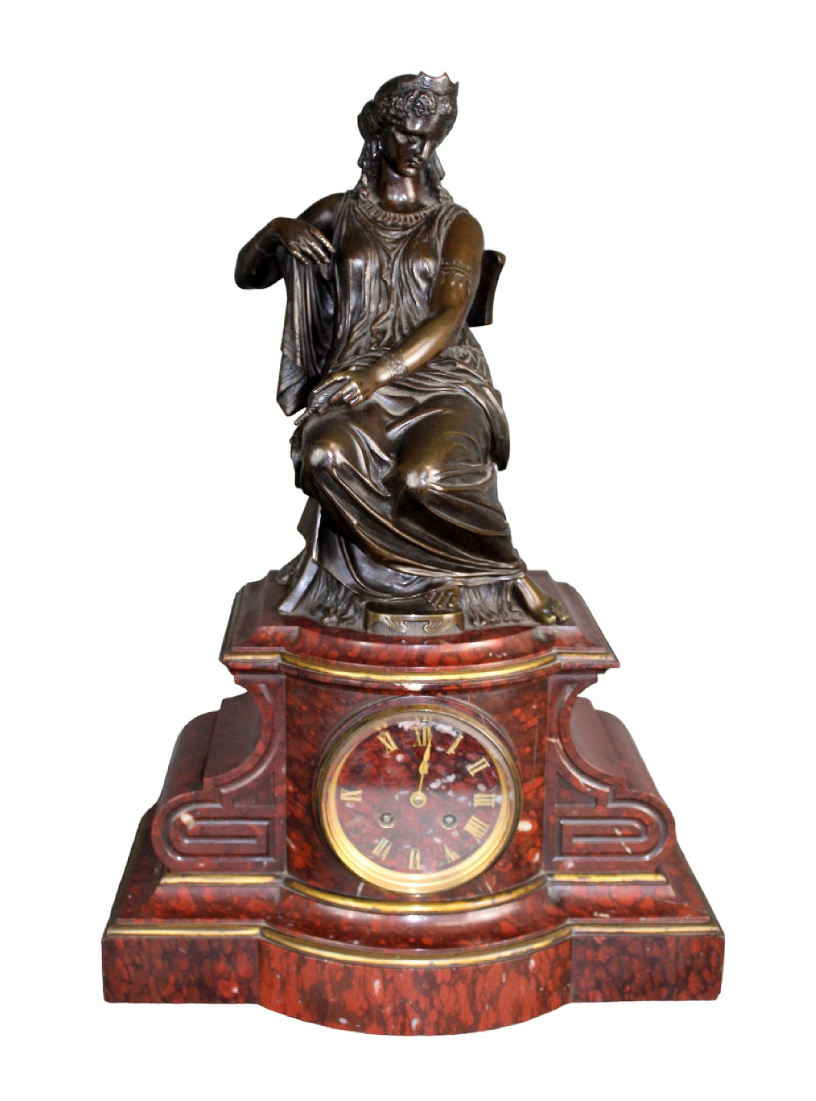French bronze figural mantel clock with classical figure atop rouge marble plinth (1 of 13)