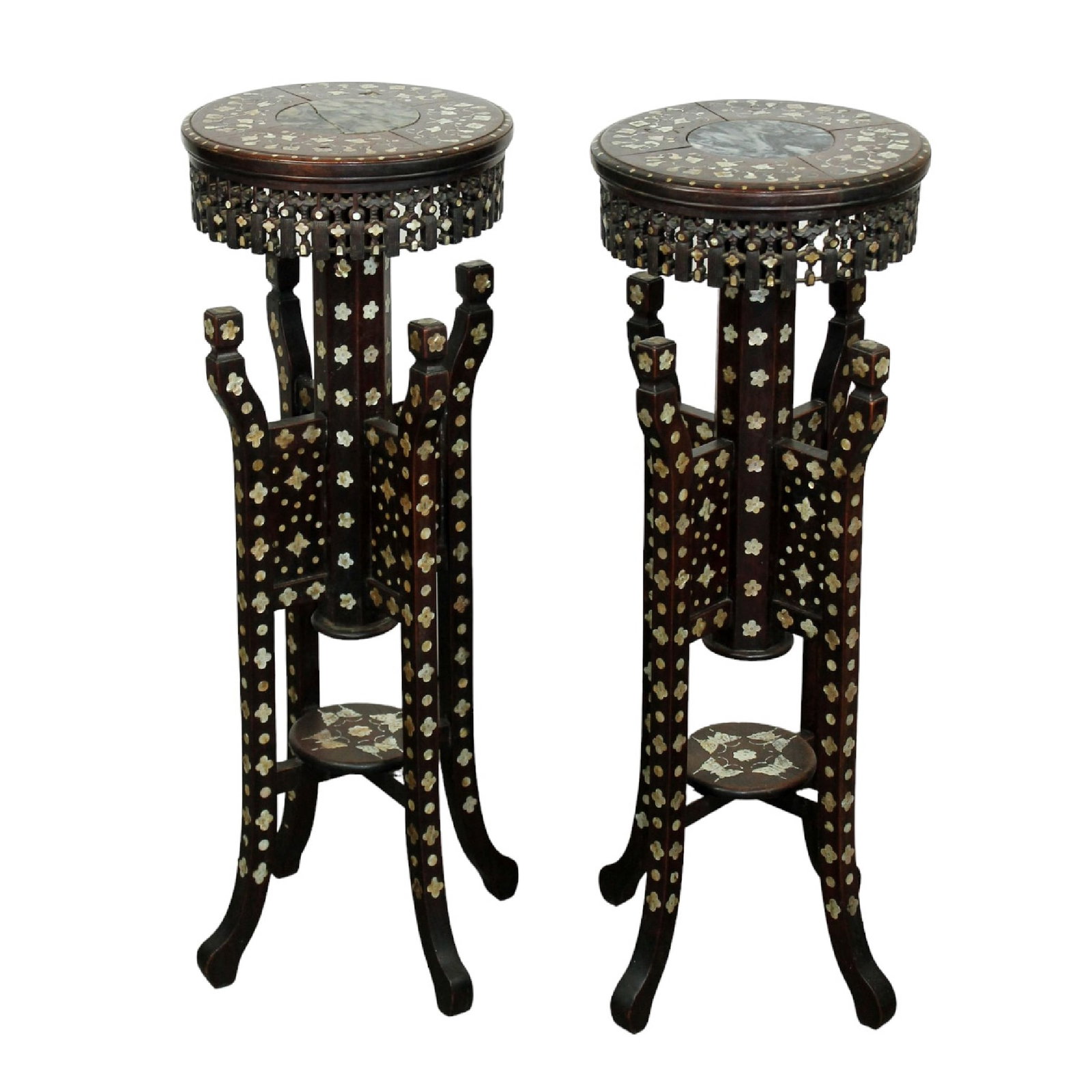 Pair of Syrian mother of pearl inlaid plantstands: Pair of Syrian mother of pearl inlaid plantstands. Mid 20th century. 35 1/2"h x 12 3/4"w