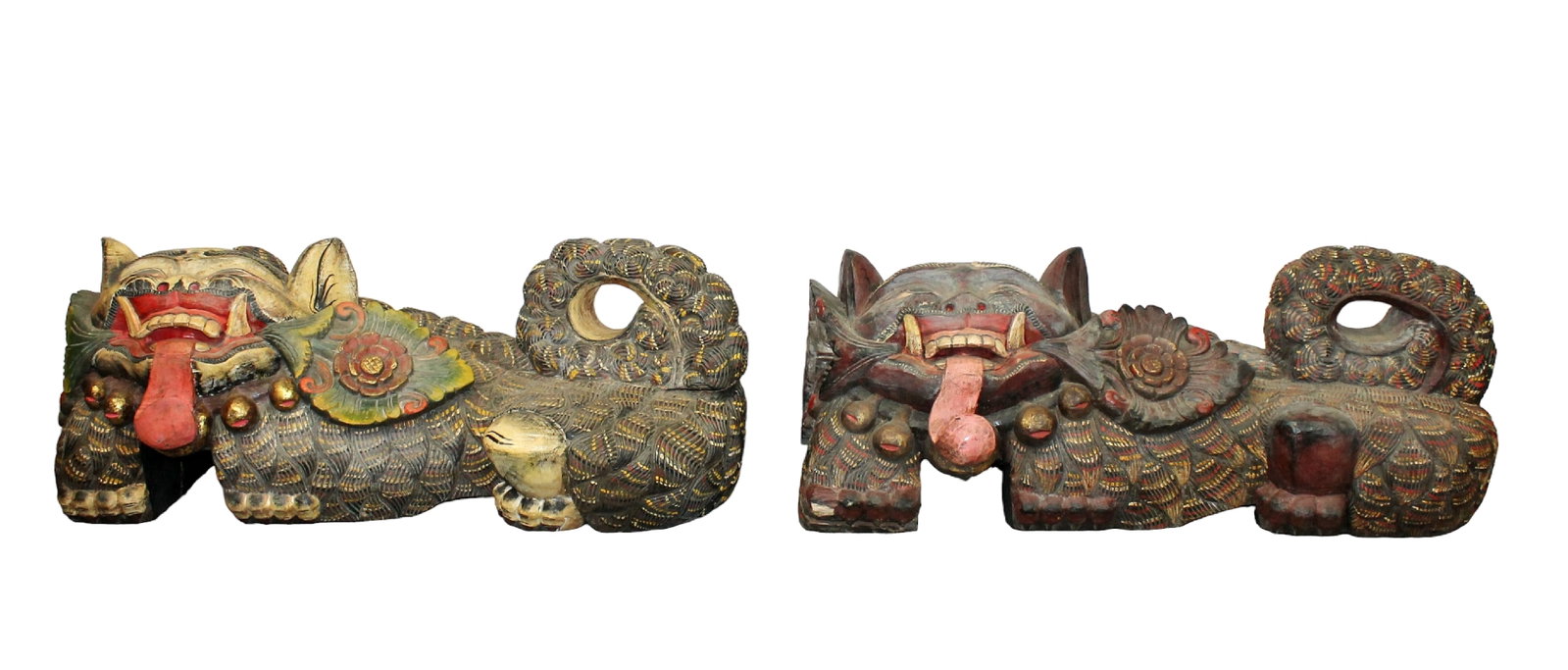 Pair of Chinese relief carved temple cats: Pair of Chinese carved and polychrome wood temple or guardian lions. Mid 20th century. 15"h x 41"w x 15"d