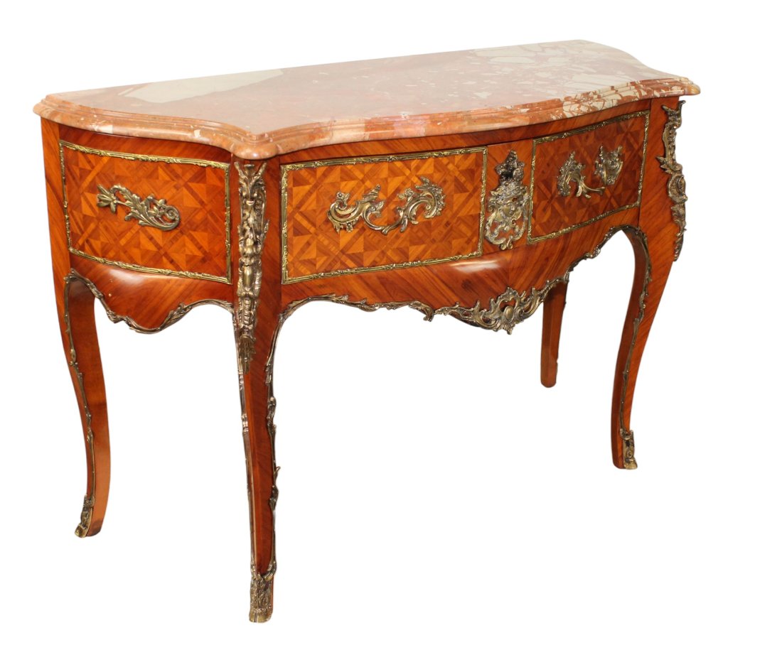 French Louis XV style marquetry console chest with 2 drawers and bronze mounts (1 of 11)
