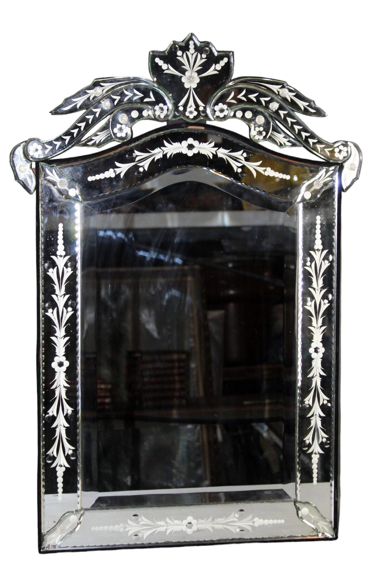 Venetian mirror with beveled and cut glass: Venetian mirror with beveled and cut glass 31"h x 21 1/4"w