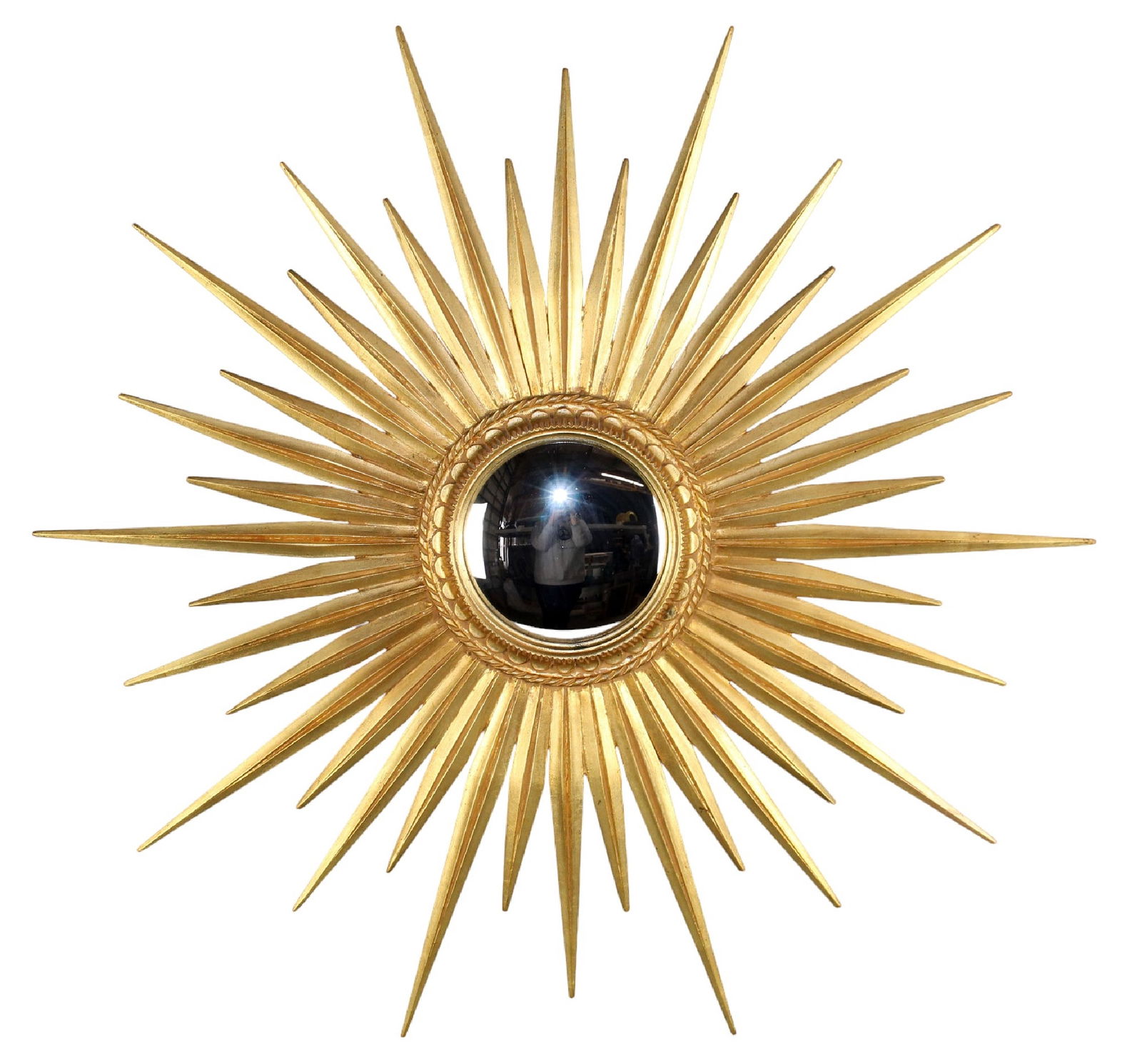 Gilt wood sunburst mirror with label on the back "Garanti Bois Sculpte/C.D.V./Bruxelles" (1 of 8)