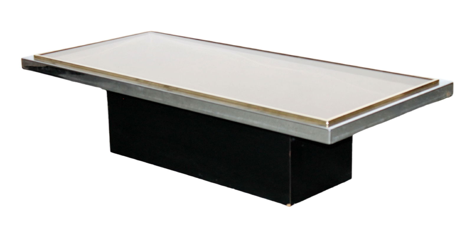 Roger Vanhevel (attributed) chrome, brass & mirrored coffee table: Roger Vanhevel Netherlands (attributed) chrome, brass & mirrored coffee table on black pedestal base. Circa 1970's. 13 1/2"h x 15 1/4"w x 23 3/4"d