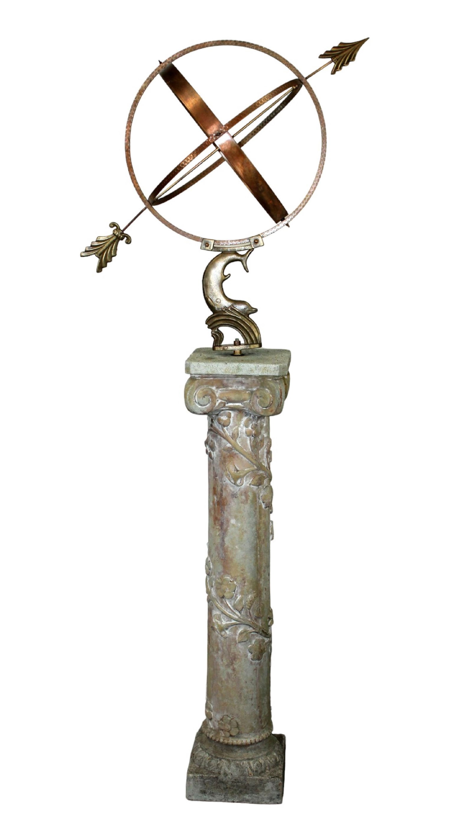 Copper & bronze armillary sundial on cast garden stone pedestal (1 of 11)