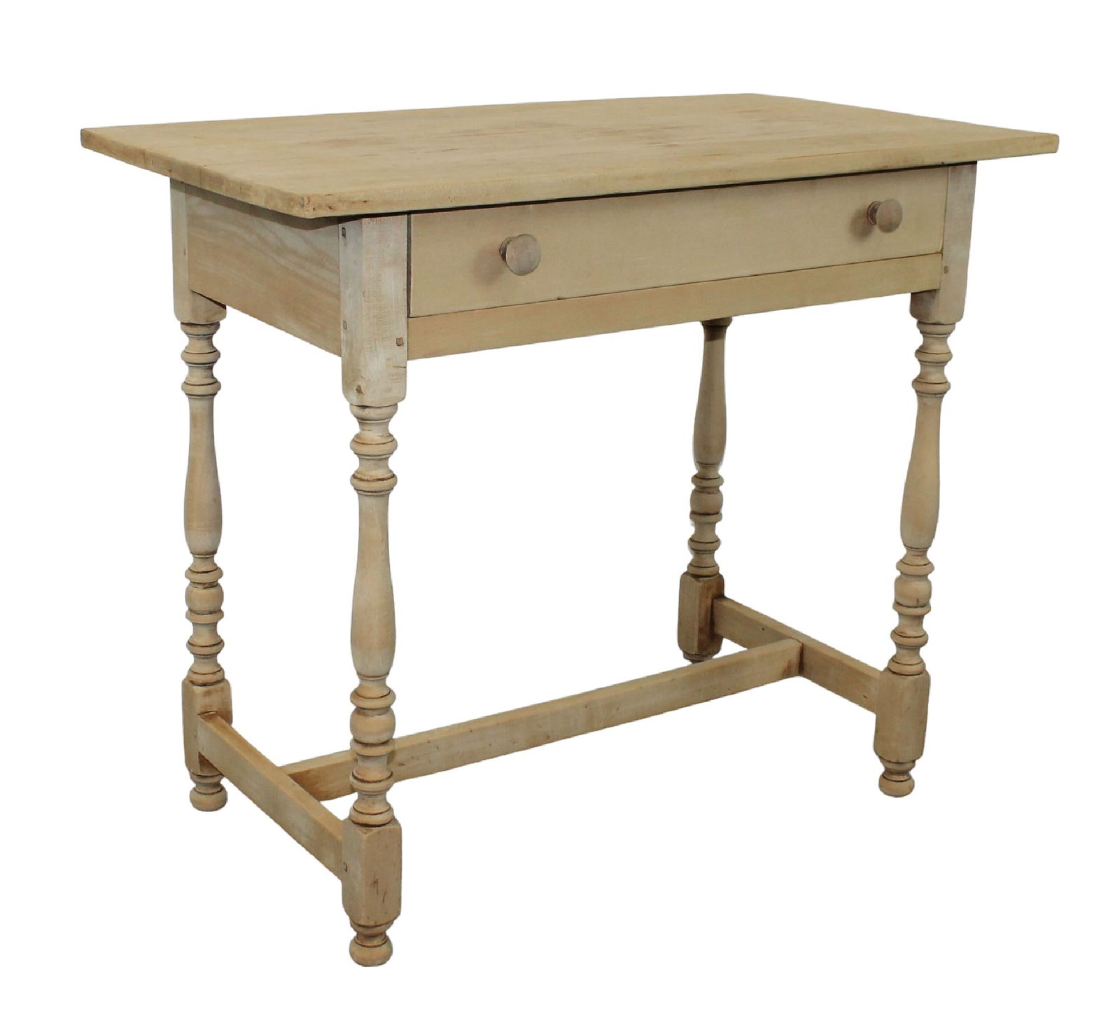 JE Catlin Virginia Craftsman side table with drawer: JE Catlin Virginia Craftsman side table with drawer. In bleached maple. On turned legs. Branded makers mark in drawer. 30 3/8"h x 34 3/4"w x 20"d