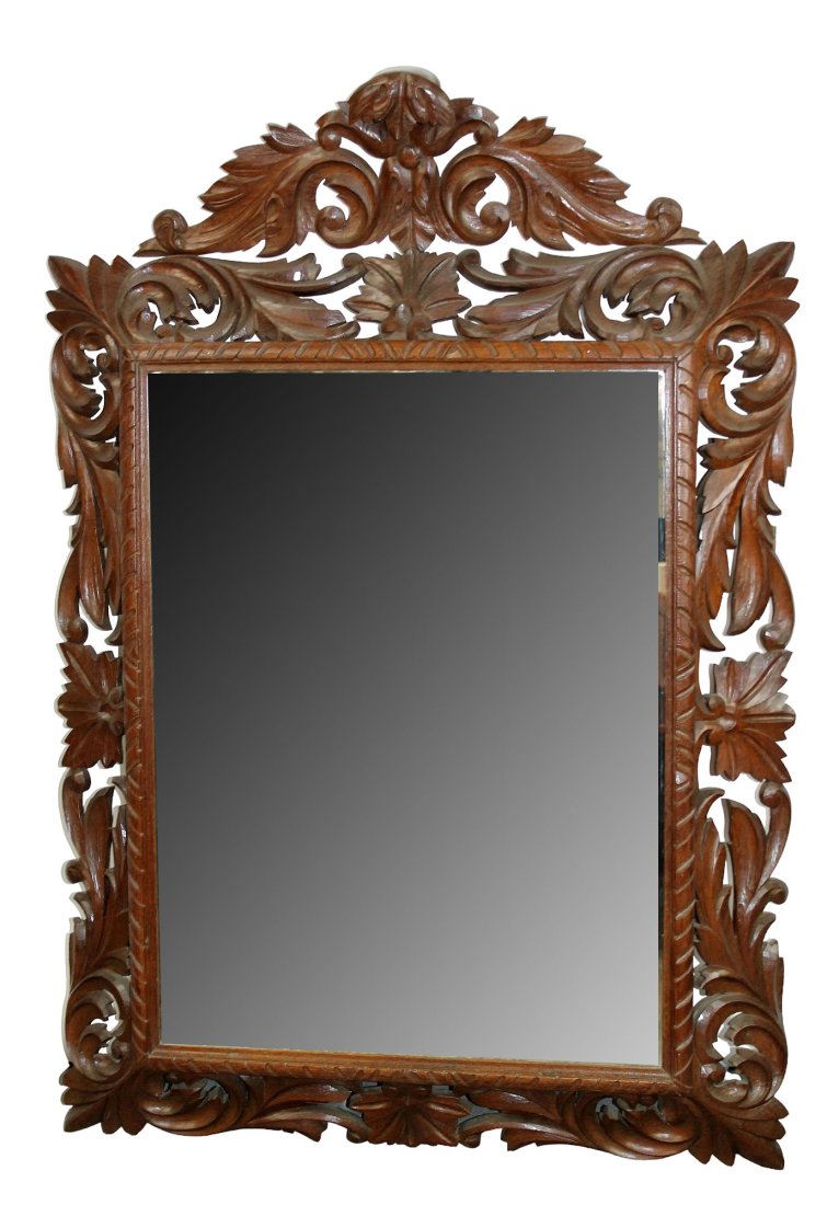 French pierce carved oak mirror with beveled glass (1 of 7)