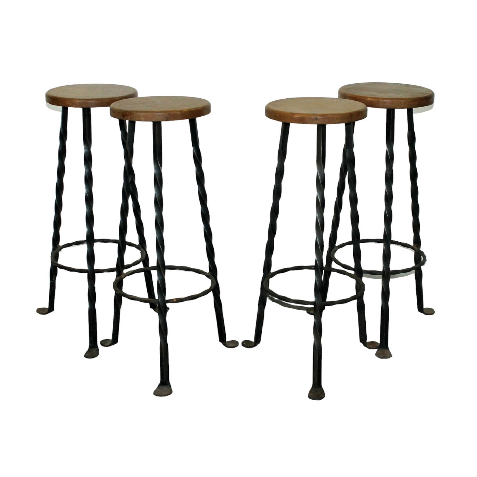 Set of 4 French bar stools with oak seats and wrought iron bases (1 of 6)