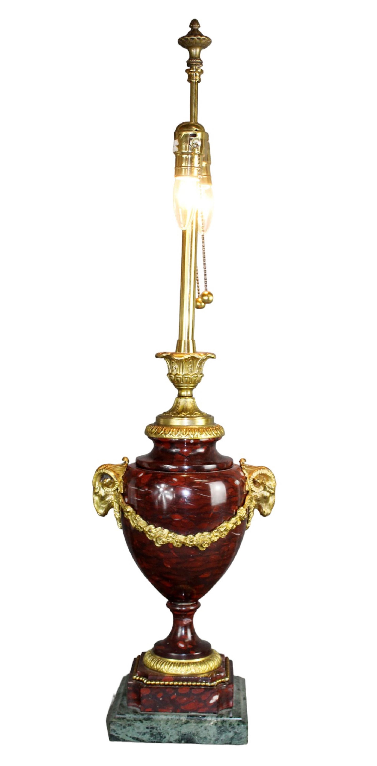 French urn form marble lamp with rams' head mounts (1 of 13)