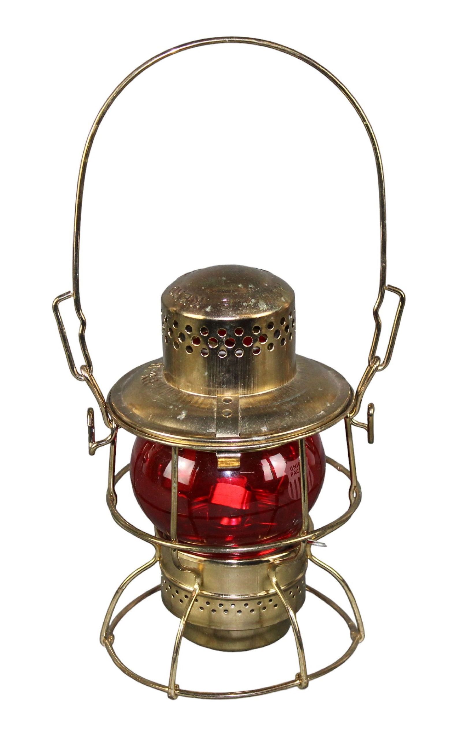 Original Union Pacific railroad lantern in brass with etched "U.P." logo and red lens (1 of 8)