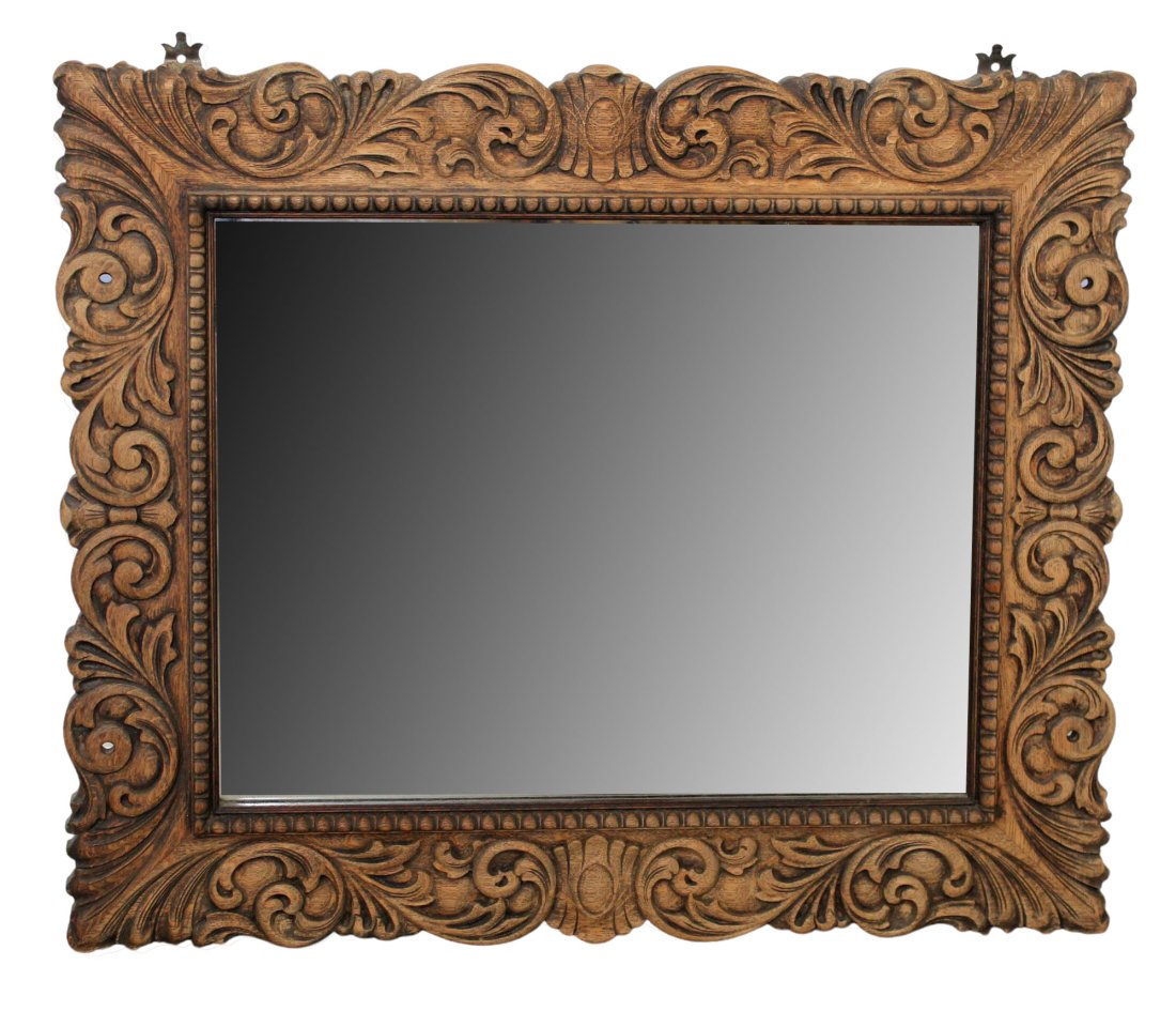 English carved oak beveled mirror with acanthus scrolls (1 of 8)