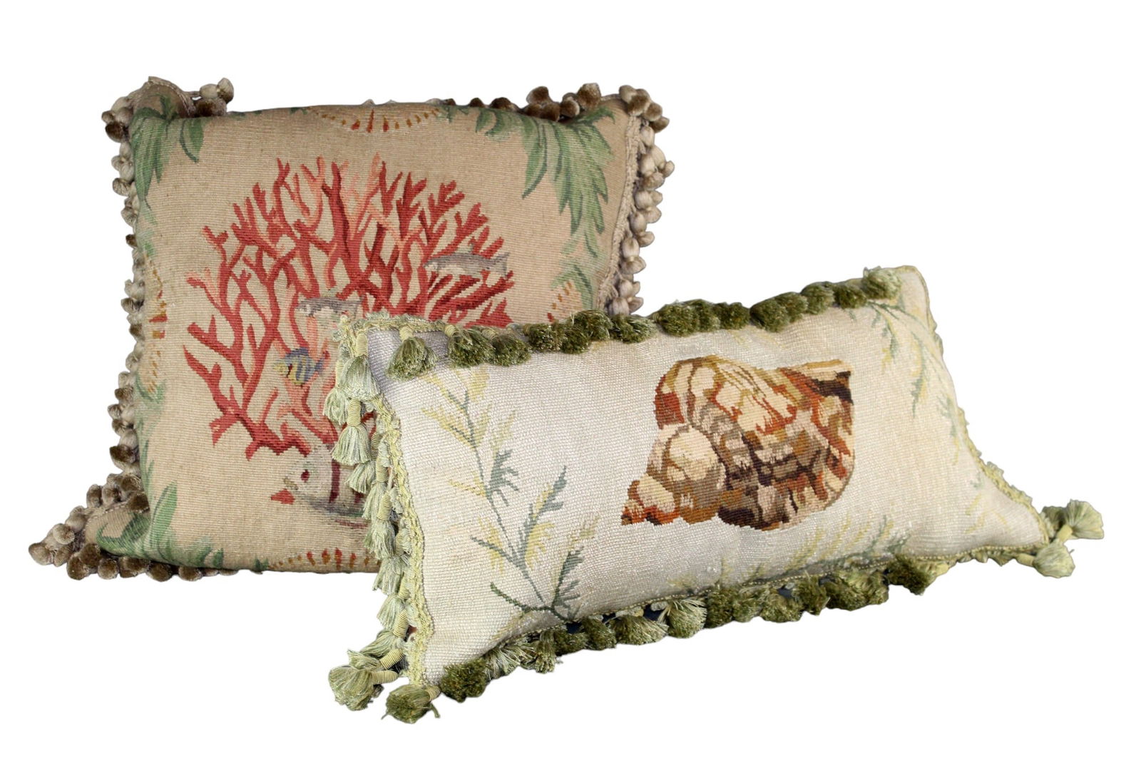 Lot of 2 Aubusson tapestry throw pillows with coral and shell (1 of 19)