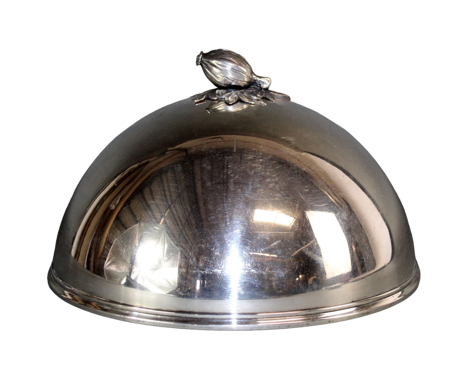 English silverplate cheese cloche or dome with fruit handle: English silverplate plate cloche or cheese dome with fruit handle. Early 20th century. 10 1/4"h x 7" dia