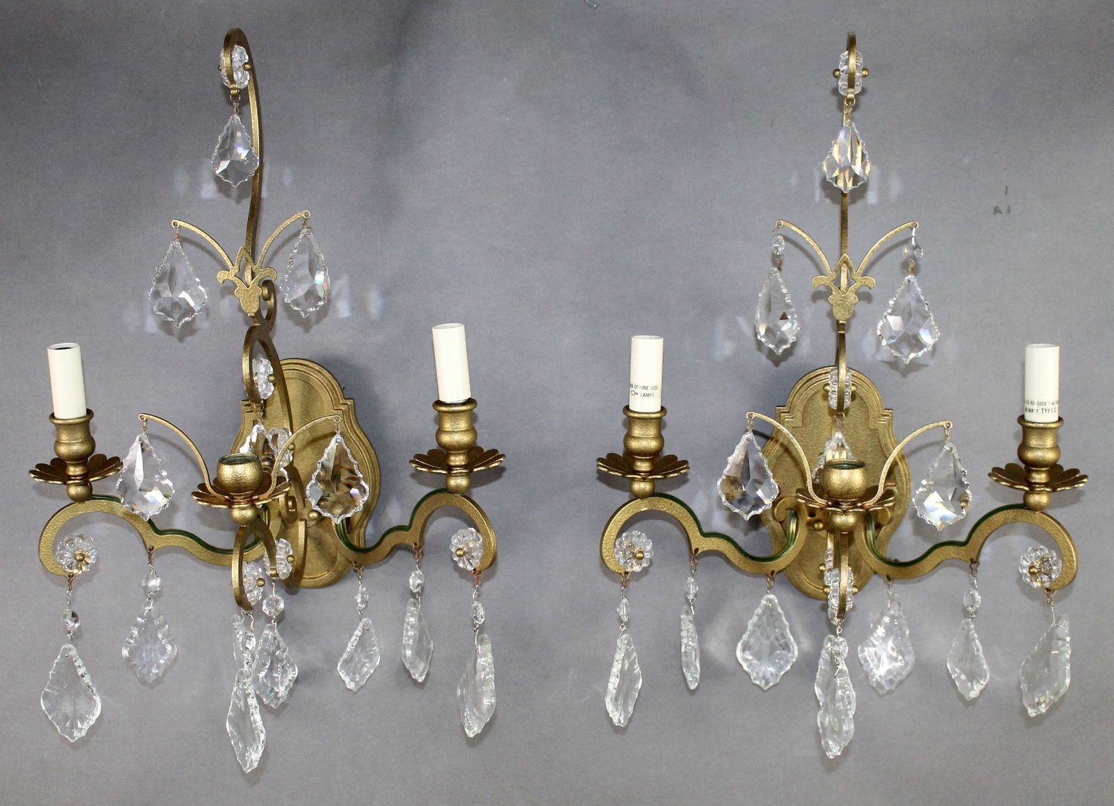 Pair Louis XV style bronze & crystal 2 arm wall sconces (1 of 13)