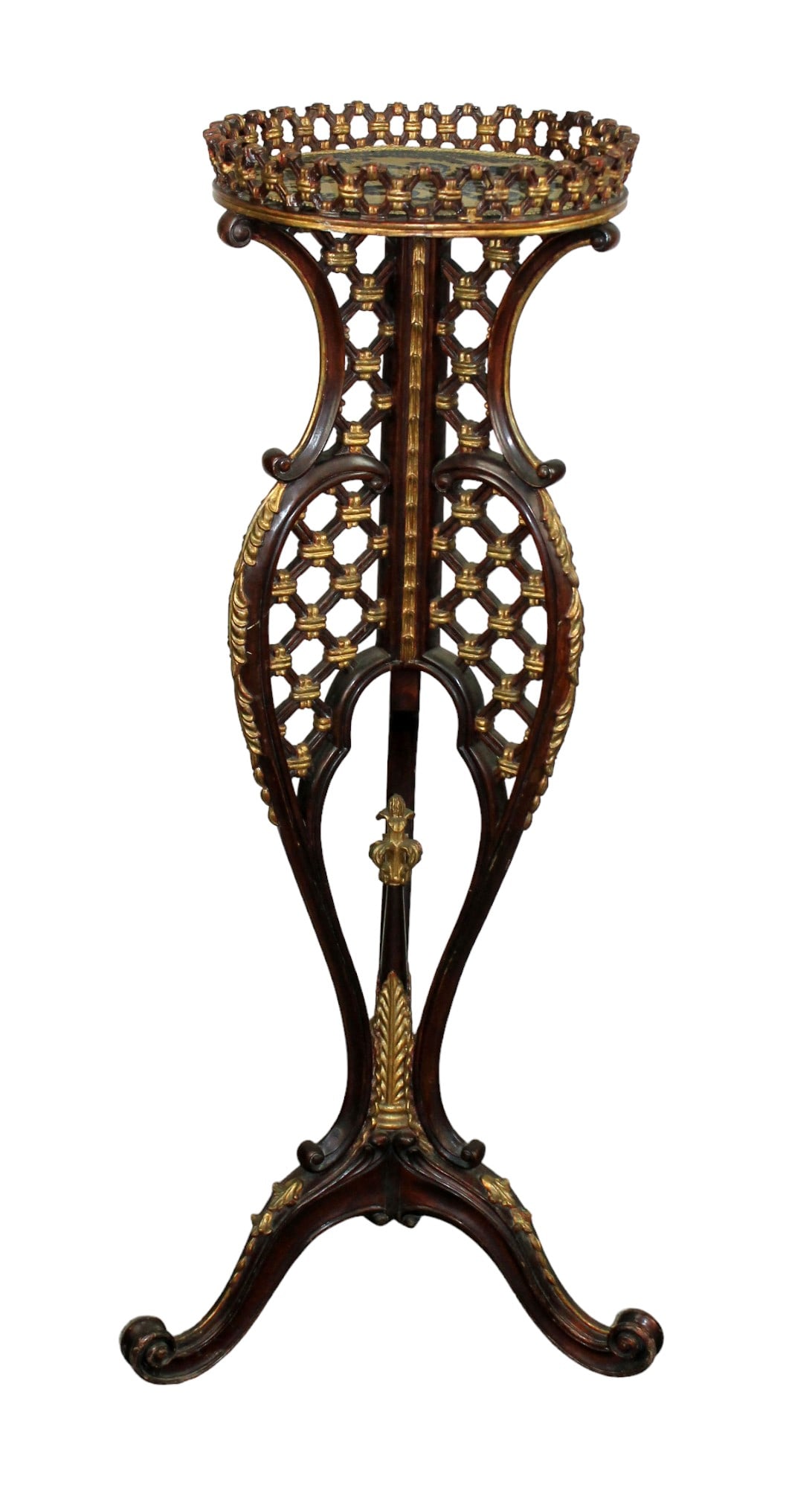 Italian polychrome pierce carved pedestal: Italian polychrome pierce carved pedestal with fabric covered top surface. 37 3/4"h x 13"w, top measures 15" dia