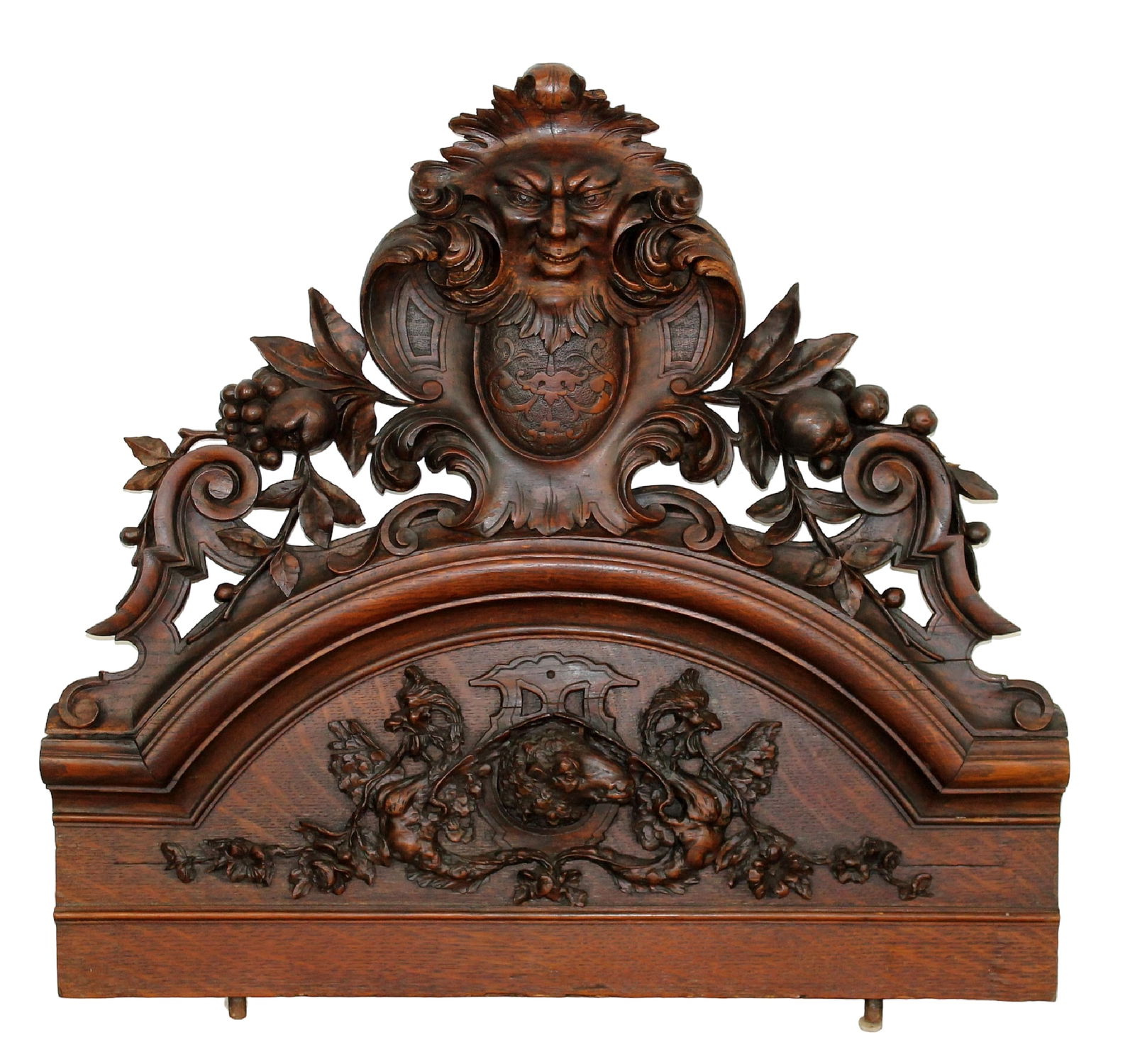 French carved oak pediment crest with figural mask and sheep (1 of 6)