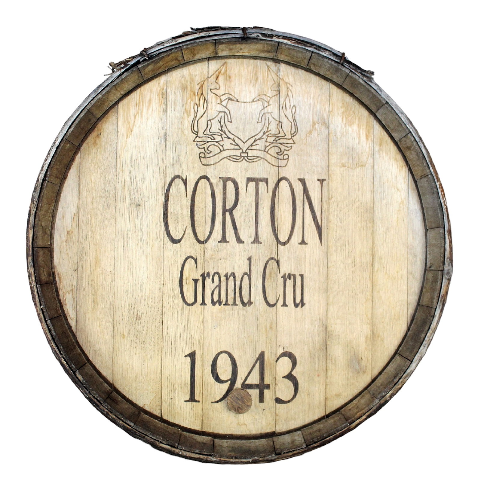 French wine barrel facade with unicorn crest and marked "Corton Grand Cru 1943": French wine barrel facade with unicorn crest and marked "Corton Grand Cru 1943" 24 1/4" diameter x 5 3/4"d