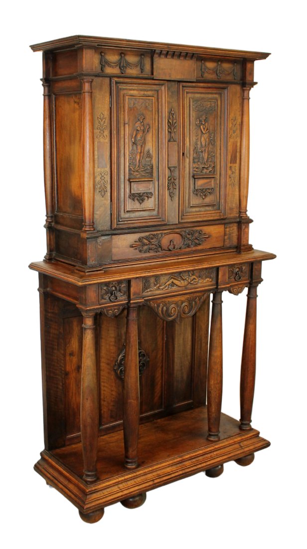 French neo-classical wine cabinet with figural carvings: French Neo-Classical wine cabinet in walnut with relief craved figural doors. Late 19th century. 70 1/4"h x 38"w x 15 1/2"d