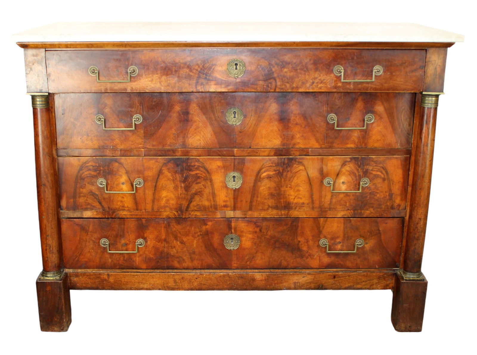 French Empire 4 drawer commode in burled walnut with marble top (1 of 11)