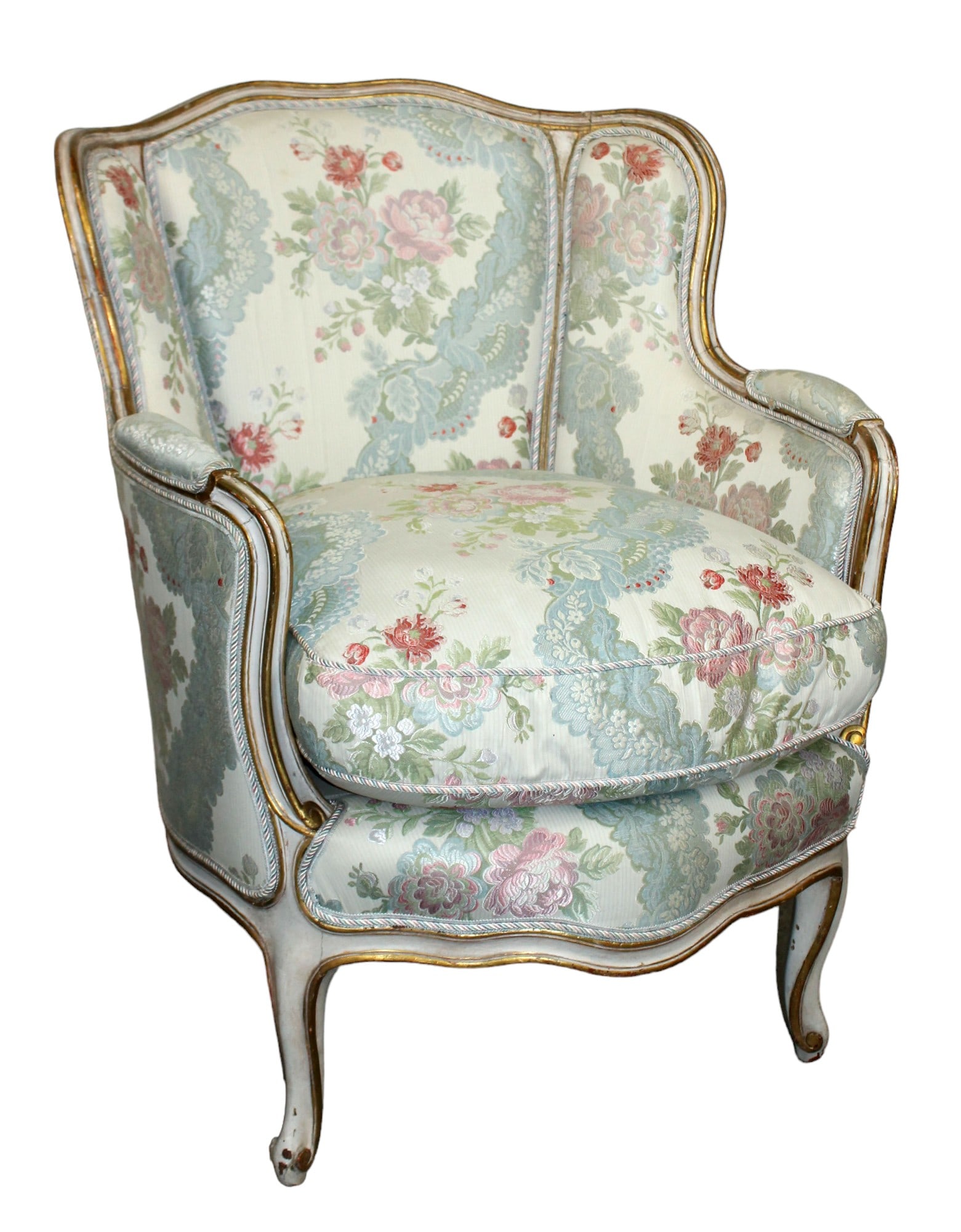 French Louis XV style painted bergere armchair: French Louis XV style painted bergere armchair with floral upholstery. Mid 20th century. 34 3/4"h x 29"w x 22"d