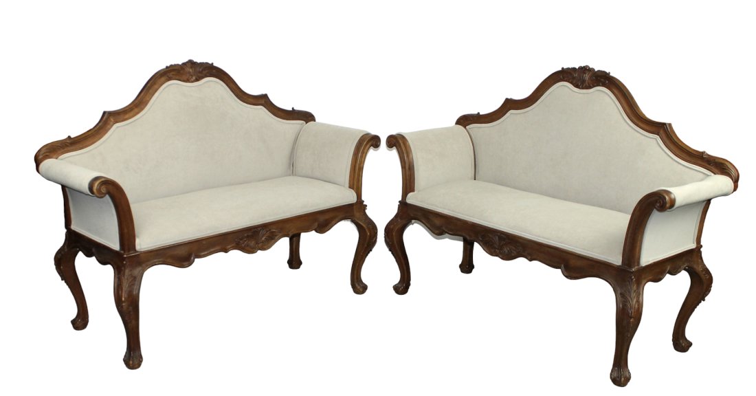 Pair French Louis XV style carved walnut settees with ball and claw feet: Pair of French Louis XV style carved walnut settees with ball and claw feet. Circa 1900. New upholstery. 40 3/8"h x 52 3/4"w x 21 1/2"w Seat 18 1/2"h