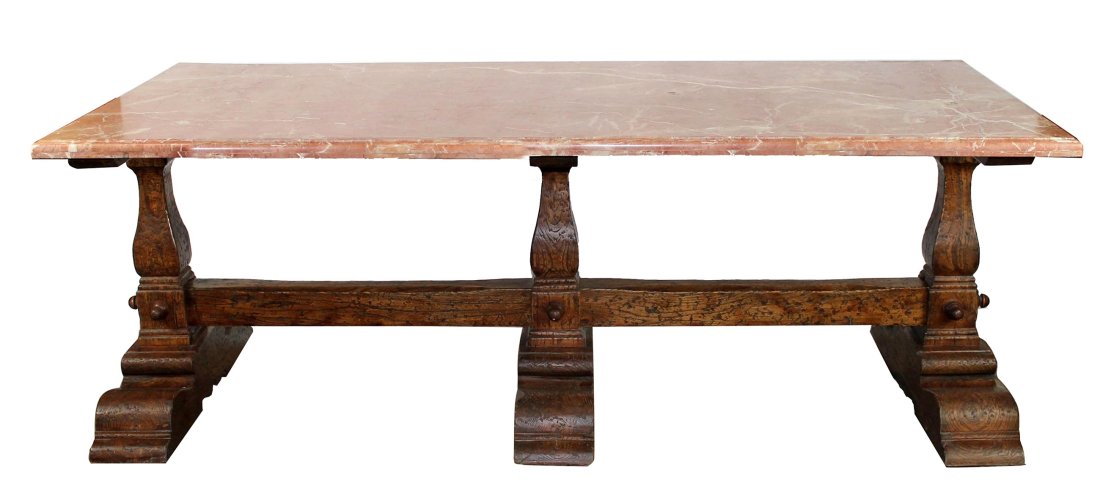 Swedish burled elm triple pedestal table with marble top (1 of 13)
