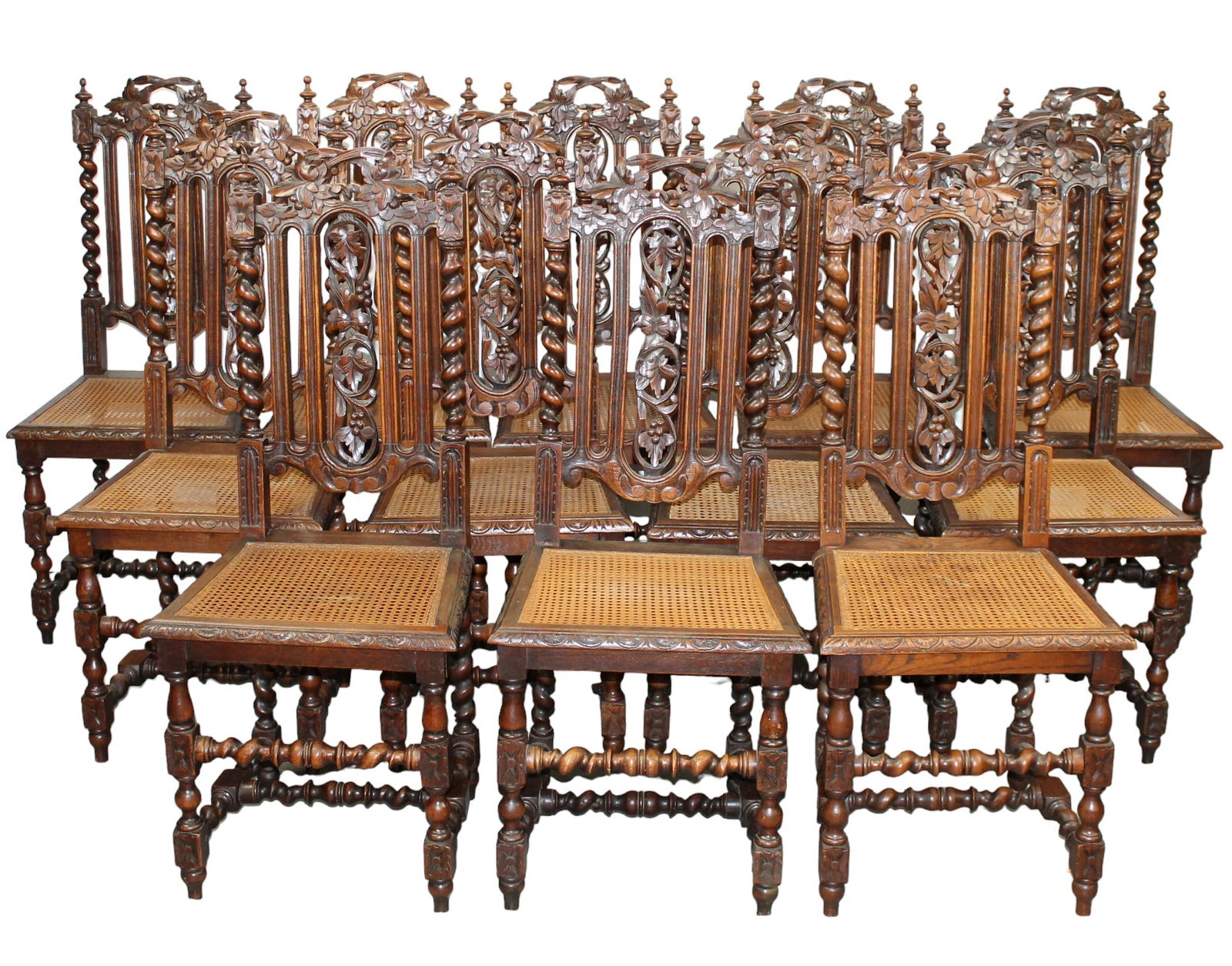 Set of 12 French carved oak barley twist chairs (1 of 11)