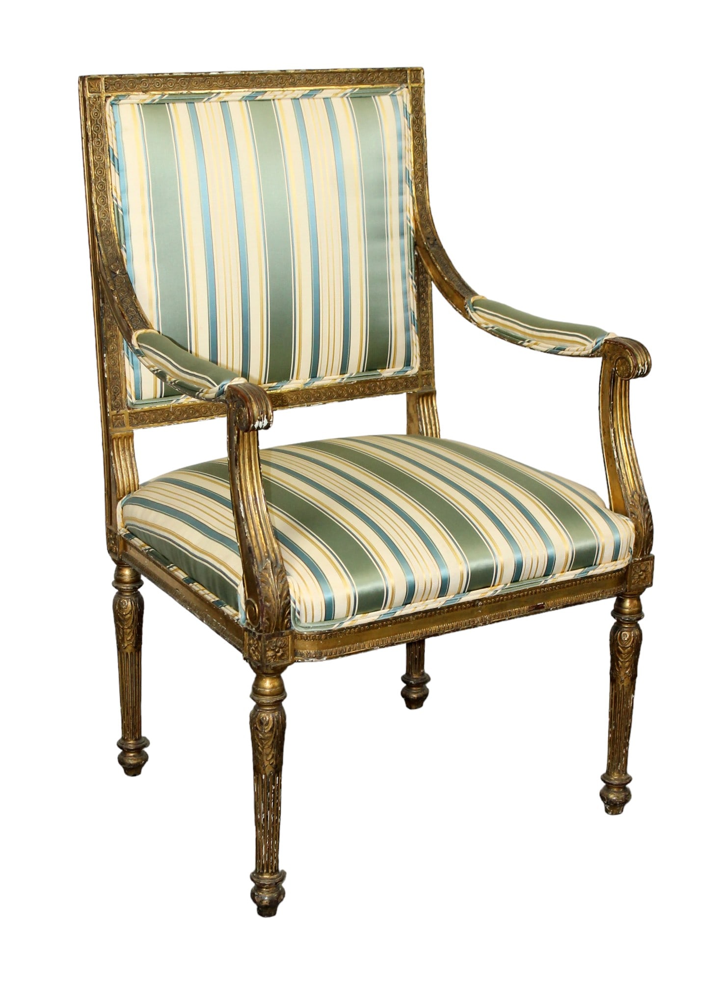 French Louis XVI giltwood arm chair: French Louis XVI giltwood arm chair. With green striped upholstry. Late 19th century. 38h x 23w x 22d x 18 1/2" seat H
