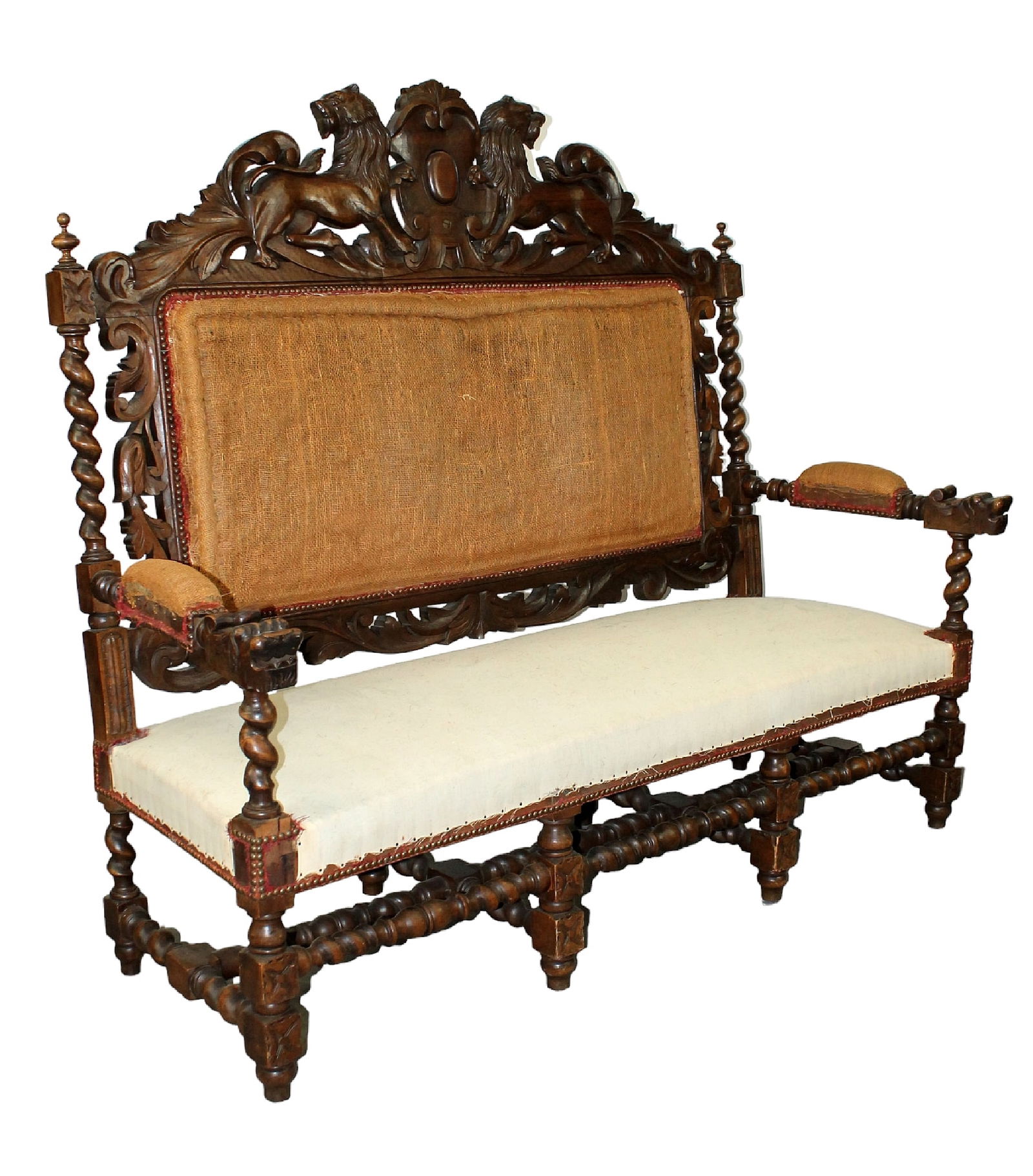 French Louis XIII carved walnut sofa with griffins flanking cabochon crest (1 of 10)