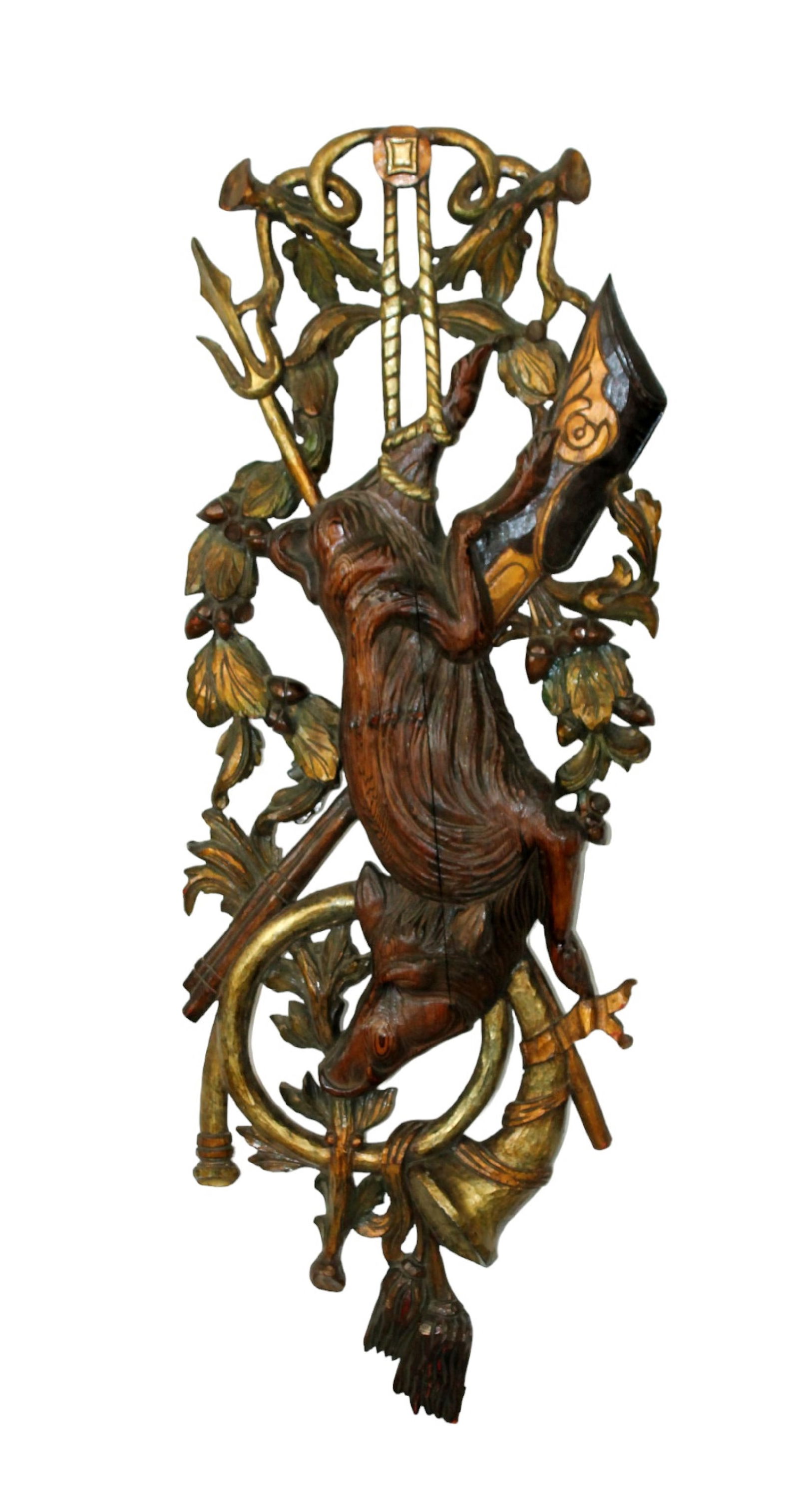 Spanish polychrome and carved pine trophy plaque with wild boar (1 of 7)