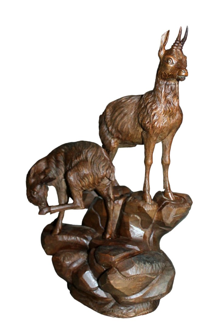 Black Forest carved walnut sculptural group with antelopes (1 of 9)