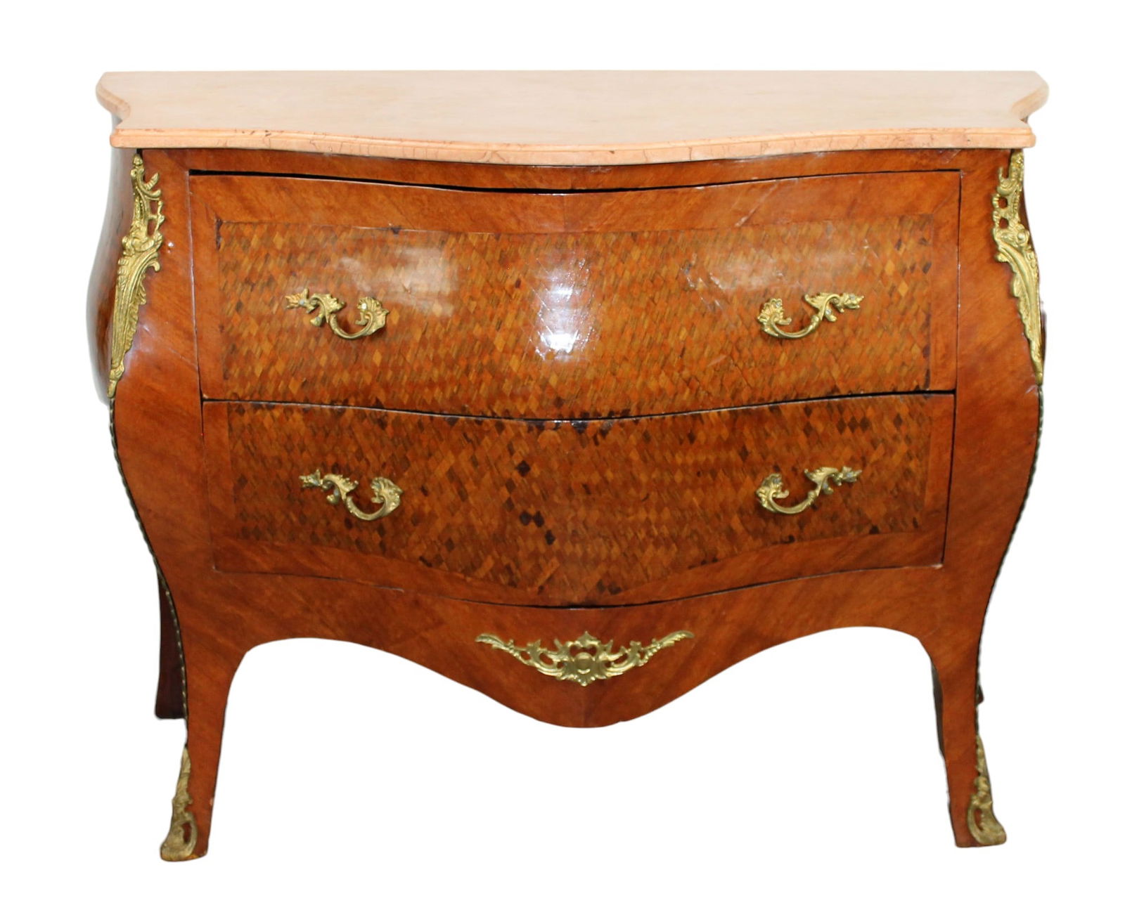 French Louis XV style bombe 2 drawer marquetry commode with marble top (1 of 10)