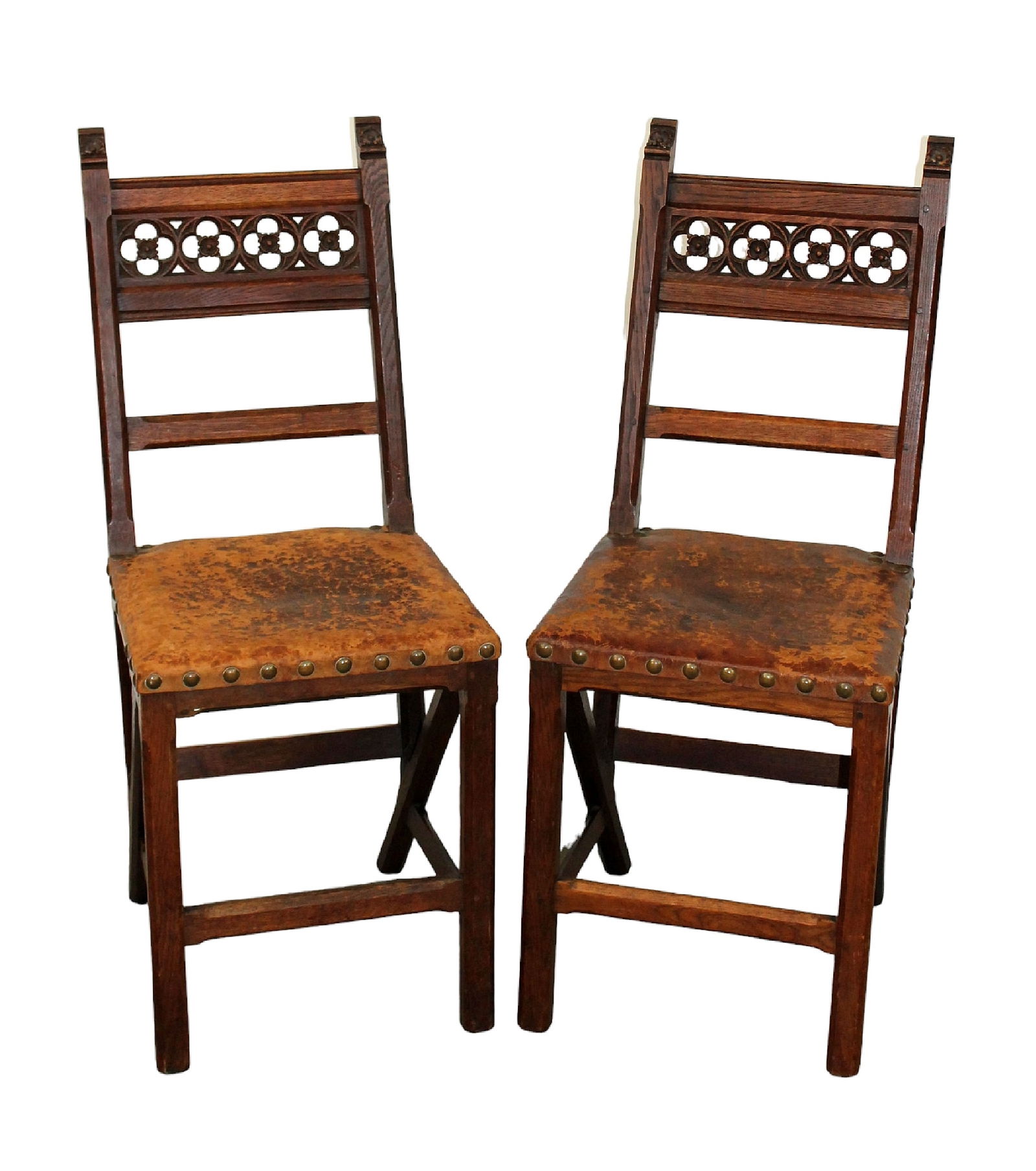 Pair of French Gothic revival oak side chairs with leather seats (1 of 4)
