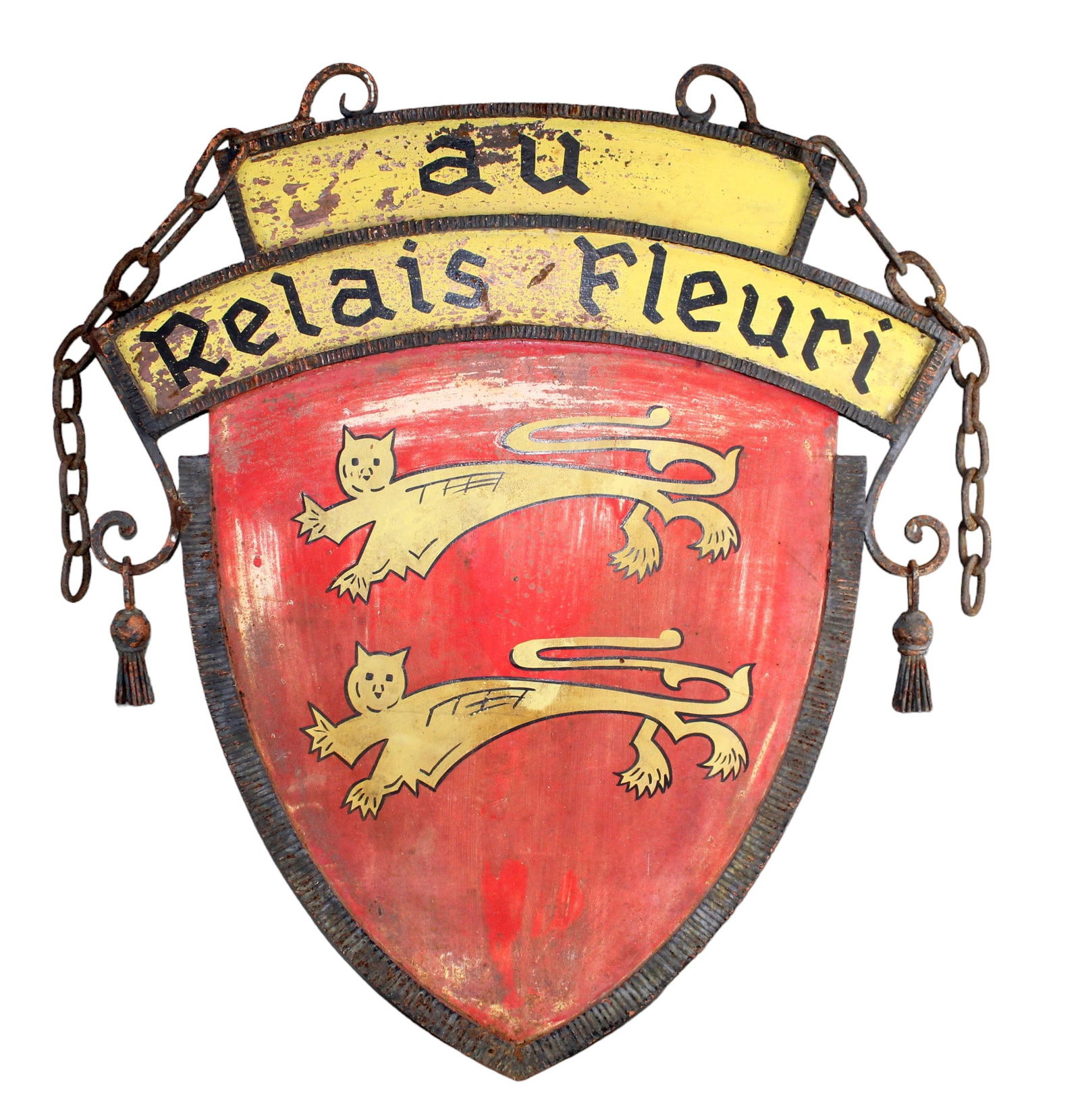French iron and polychrome double-sided shield form hotel sign Au Relais Fleuri (1 of 9)