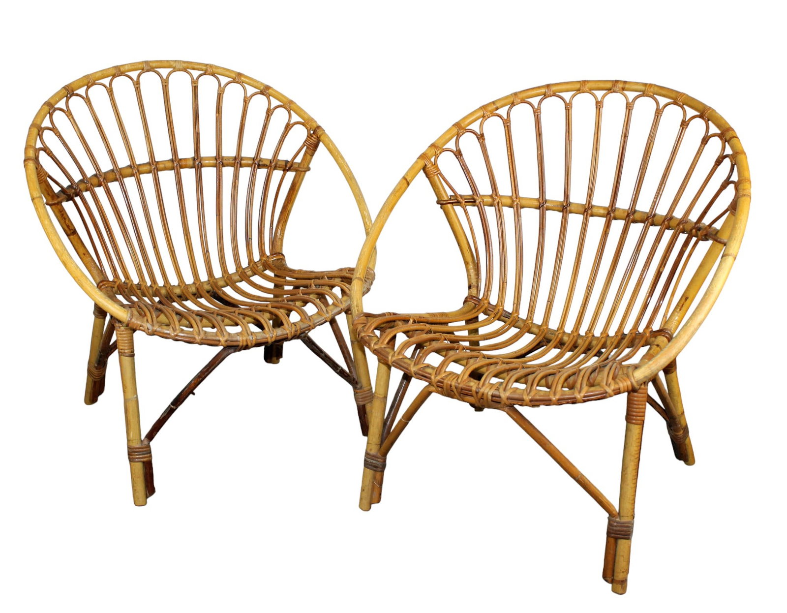 Pair of French Mid century bamboo and rattan chairs: Pair of French Mid century bamboo and rattan chairs. Mid 20th century. 28 1/2"h x 25 1/2"w, seat height approx 12"