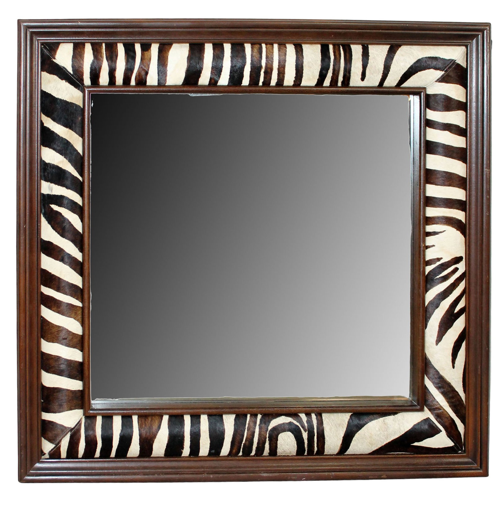 Zebra skin mirror with beveled glass: Zebra skin mirror with beveled glass. Outer frame is foam. 43 3/4"h x 46"w
