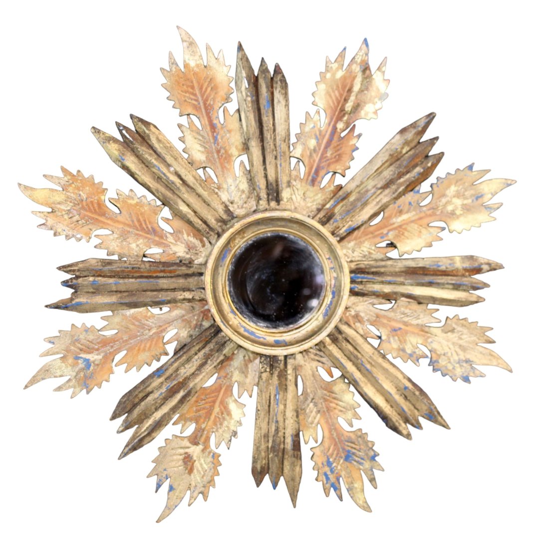 Spanish gilt wood and painted sunburst mirror: Spanish gilt wood and painted sunburst mirror. 21 1/4"diam Weight: 2lbs