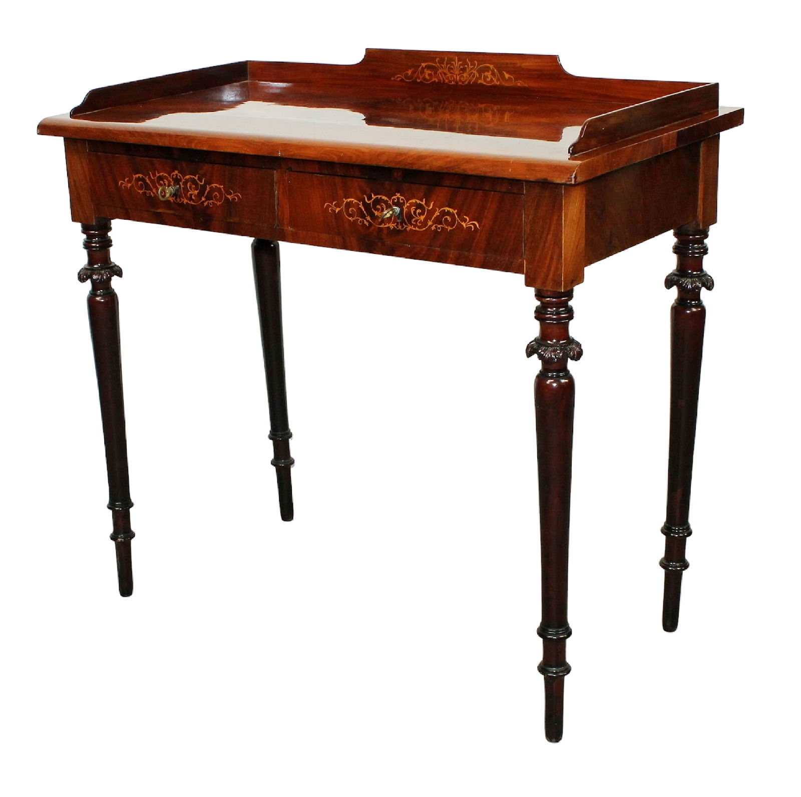 English mahogany writing table with gallery & inlaid drawer fronts (1 of 6)