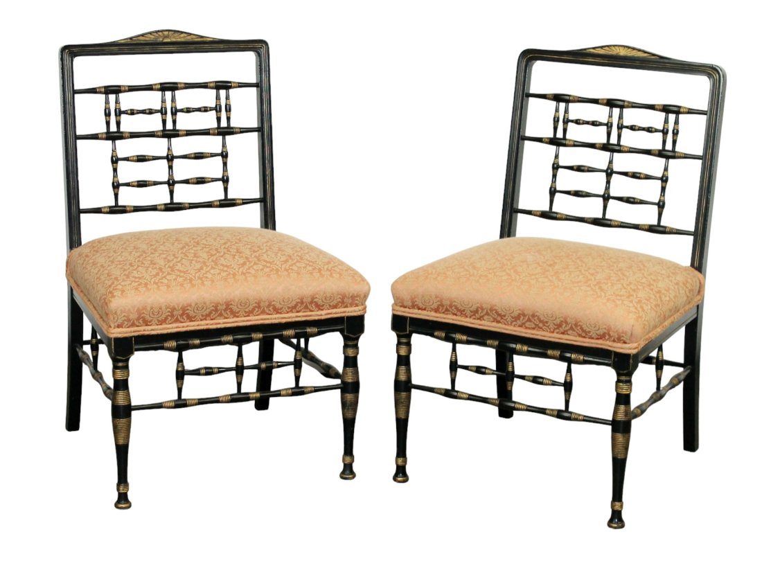 Pair of petite French black lacquer spindle back side chairs (1 of 6)