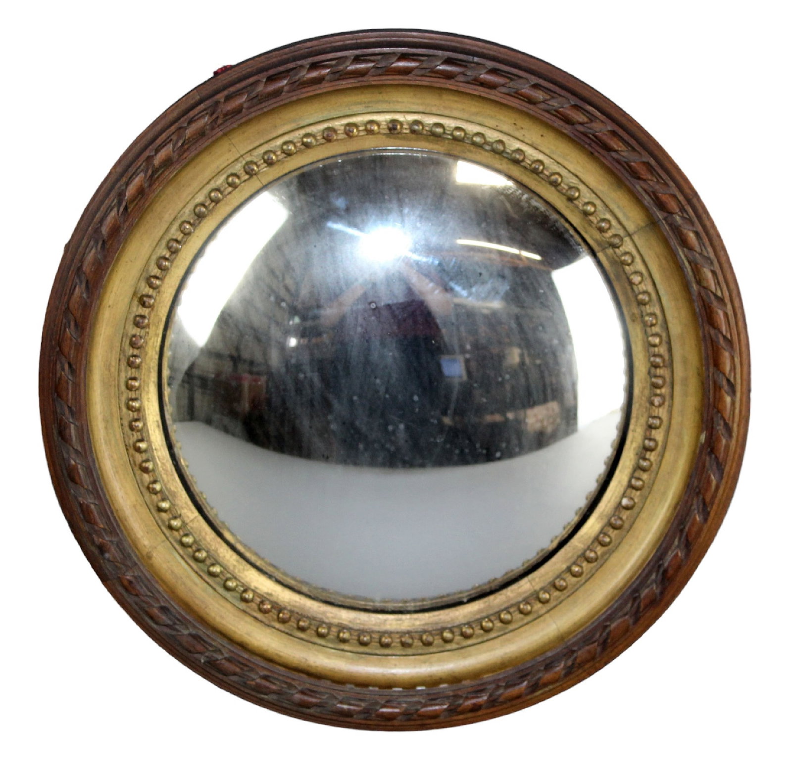 French Louis Philippe giltwood butler's mirror with convex glass: French Louis Philippe butler's mirror with convex glass. Braided style wood border with gilt beads. Early 20th century. 13 1/4"diam. Weight: 3lbs