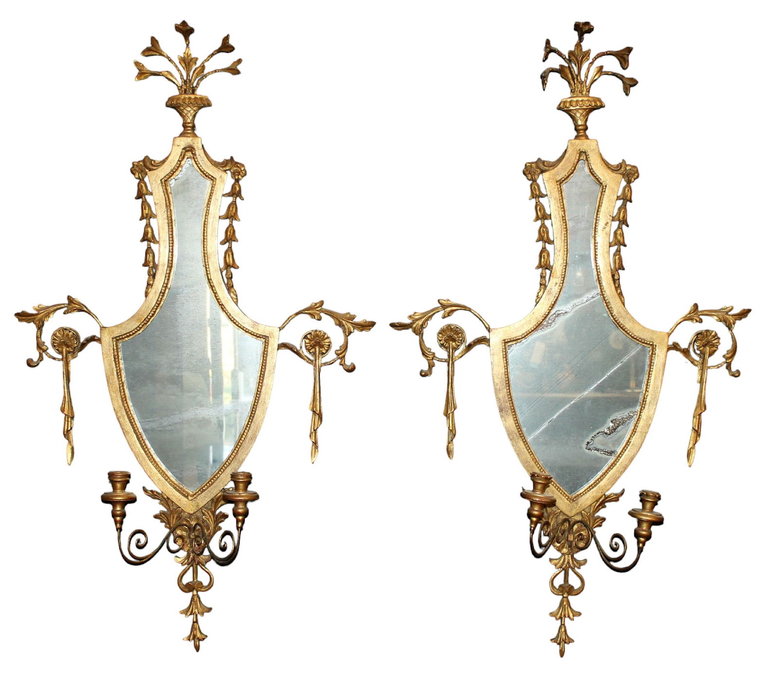 Pair of Italian gilt shield form mirrors with candle holders (1 of 12)