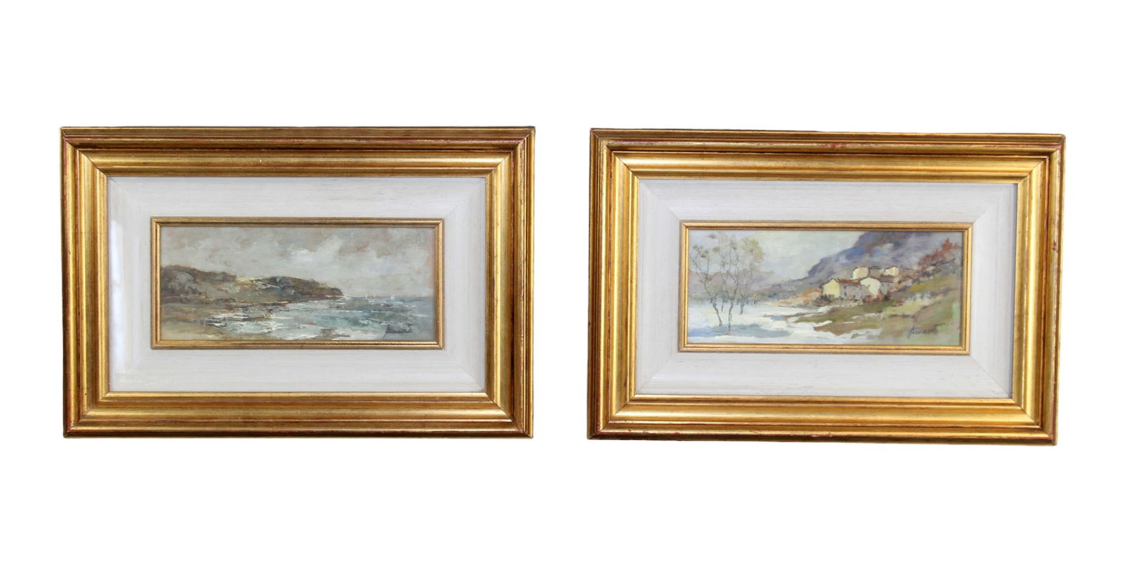 Lot of 2 diminutive French oil on board paintings of land and seascapes. (1 of 15)
