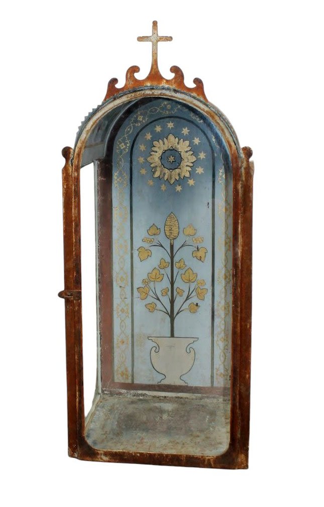 Italian Scarabattola in iron with cross and painted interior (1 of 9)